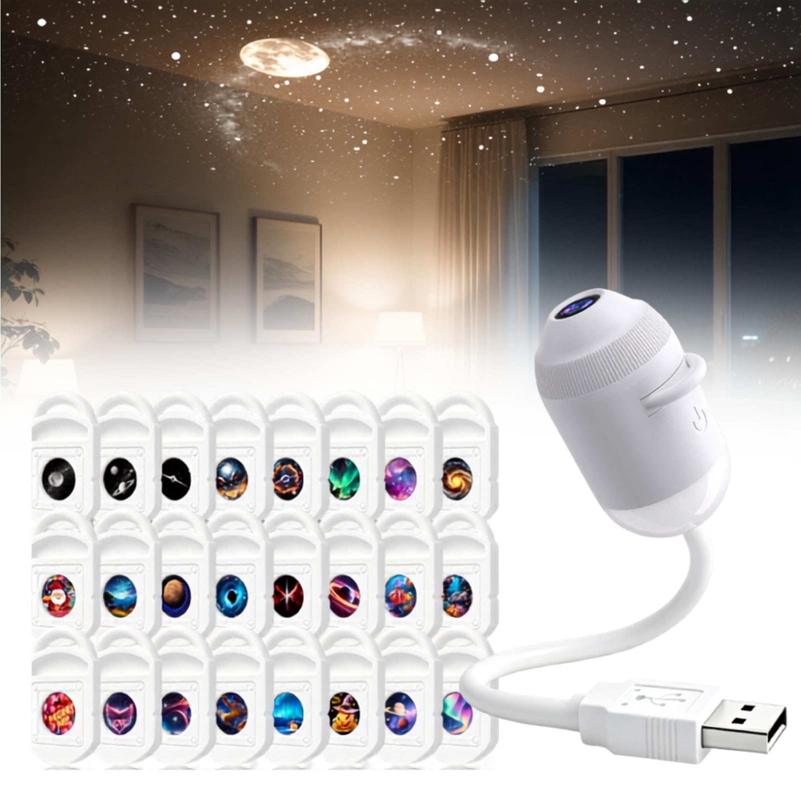 Galaxy Projector Night Light, 2-in-1 Hd Smart Holographic Night Light Projector, 360° Adjustable USB Starry Sky Projector, Plug-and-Play Galaxy Projector Light for Bedroom, Car, Party, Wall，24 Films