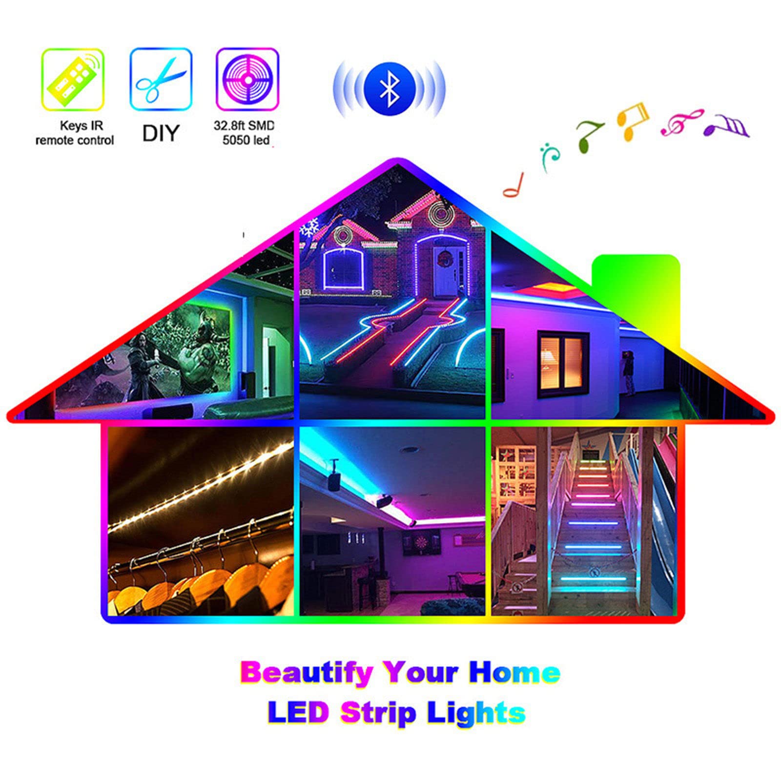 Set di Strisce Luminose per Musica Intelligente RGB (5 m/10 m/15 m), Set di App per Controller a 24 Tasti, Strisce Luminose per Atmosfera ad attivazione vocale per Interni ed Esterni,15m