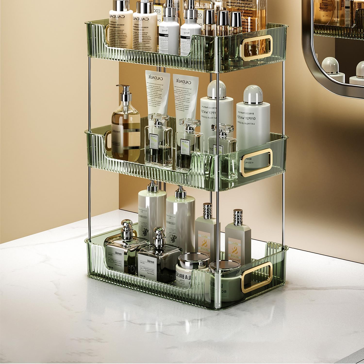 HELEE Clear Dressing Table Storage Box, 3 Tiers Makeup Organizer to Store Skincare Products, Makeup Shelf, Brushes, Lotion, Eyeshadow, Lipstick, Nail Polish and Jewelry (Green)