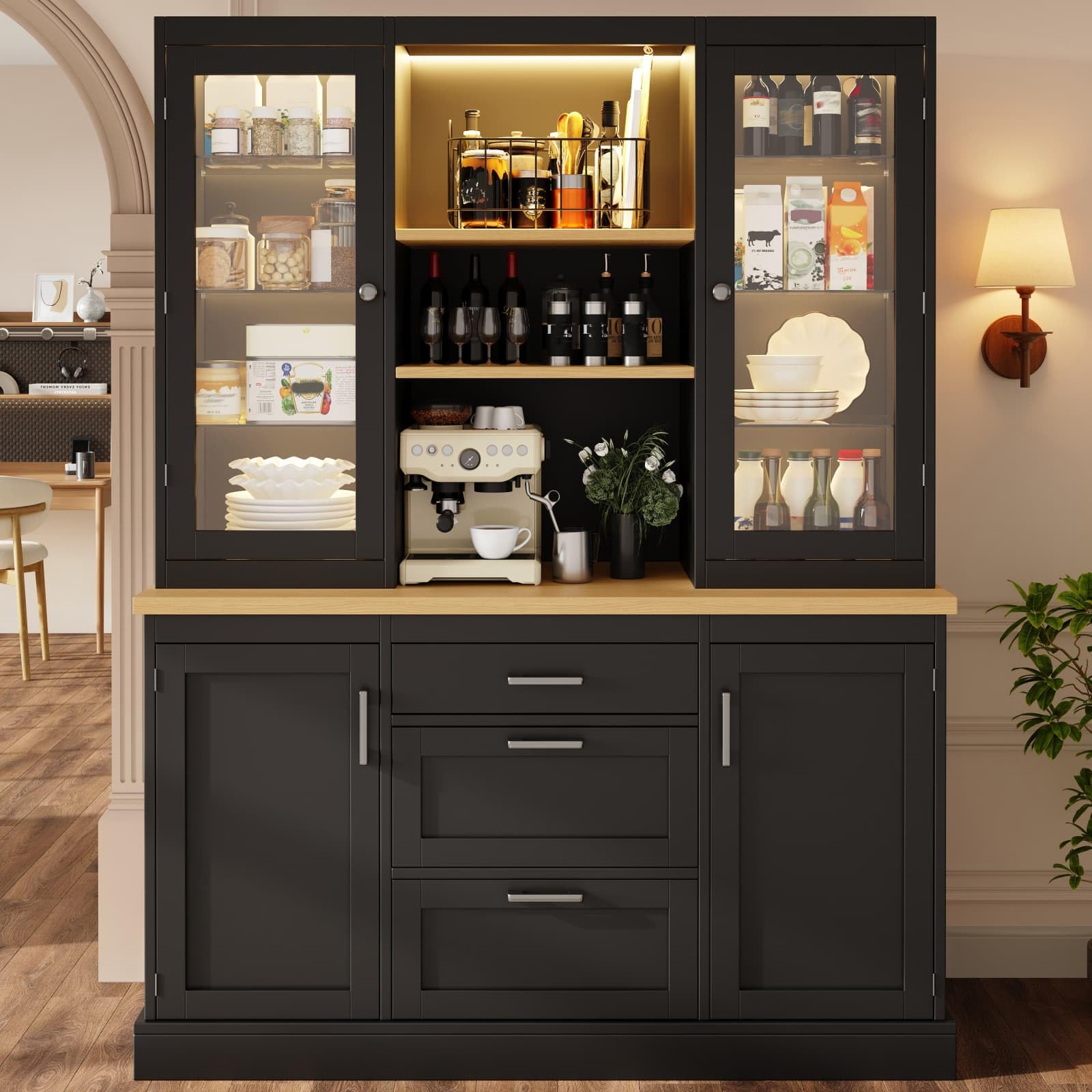 Sweiko Armoire de Cuisine avec Plan de Travail, 3 Tiroirs, Buffet avec Étagères Réglables, 2 Portes vitrées, Meuble de Rangement pour Cuisine, Salle à Manger, Salon
