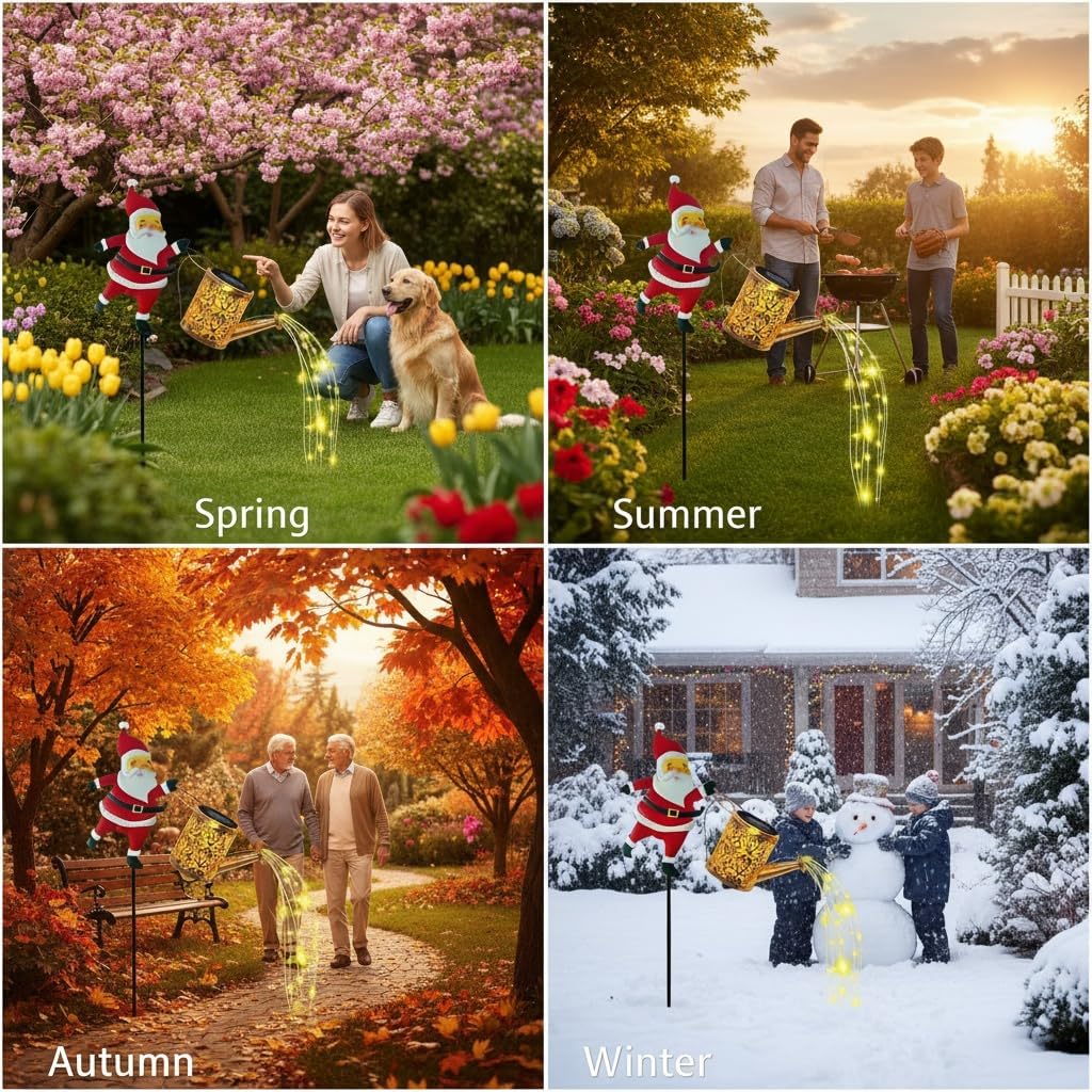 Christmas Santa Solar Kettle Lights,Multi-Color LED Santa Solar Kettle Garden Lights,Solar Powered Christmas Claus Solar Kettle Lights for Pathway,Yard,and Lawn Decoration (Warm White+Colored Lights)