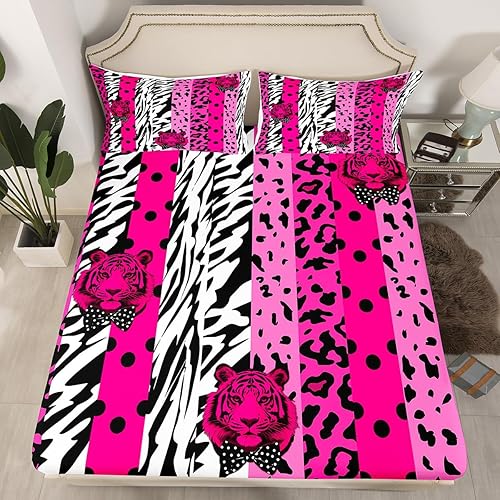 Manfei Wild Tiger - Sábana bajera ajustable tamaño matrimonial, funda de cama con estampado de leopardo rosa con 2 fundas de almohada, juego de ropa