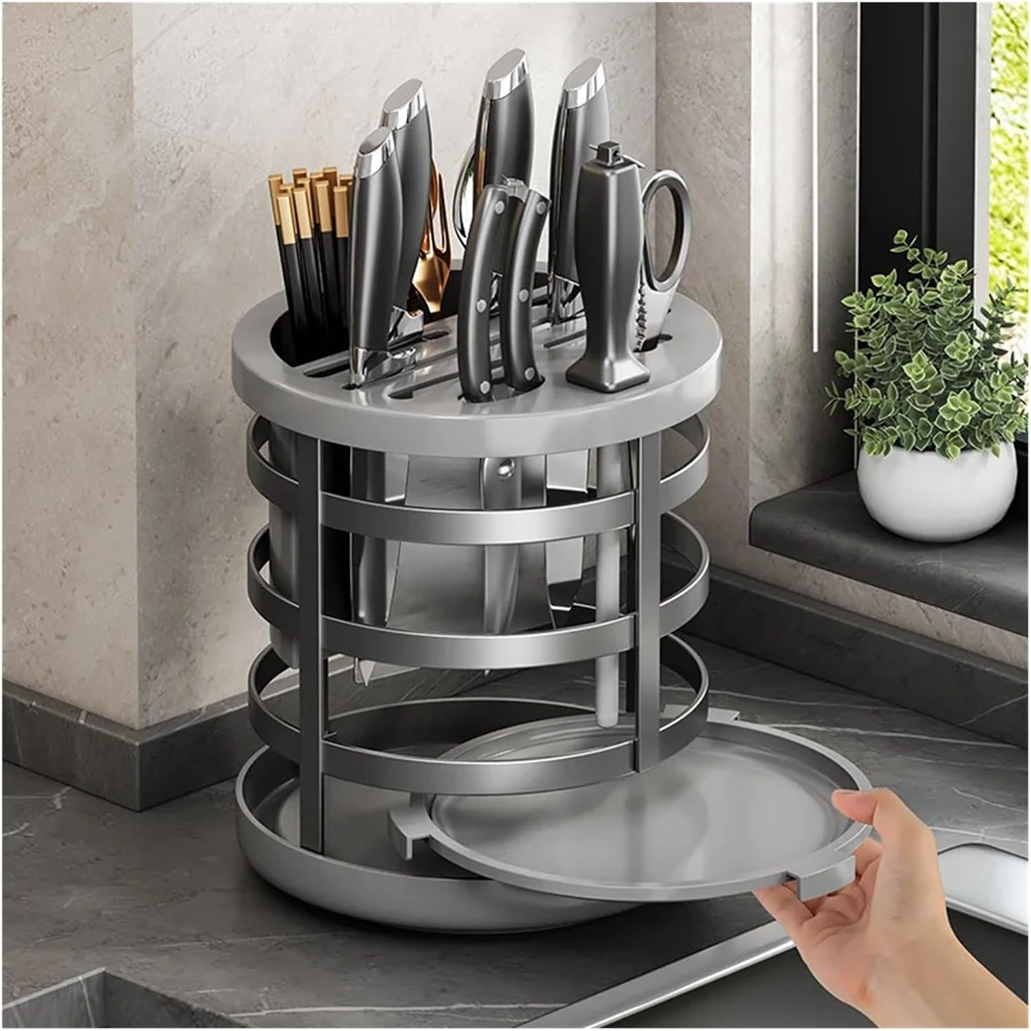 360 °Rotation Knife Holder Stainless Steel Cutlery Organizer Rack Stand Tableware Draining Storage Box Kitchen Accessories