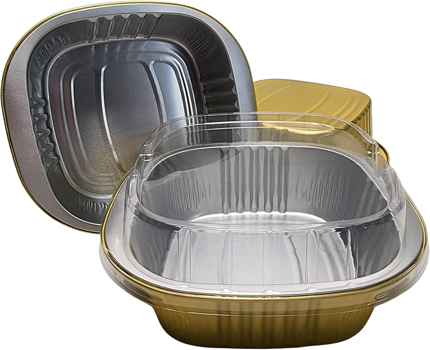 KitchenDance Disposable Heavy Colored Aluminum Foil Nonstick Baking Pan with Lids - 5x5" Square Cake or Entree Pans Perfect for Catering and Events - Oven and Freezer Safe Pan, #A69 (Gold, 50)