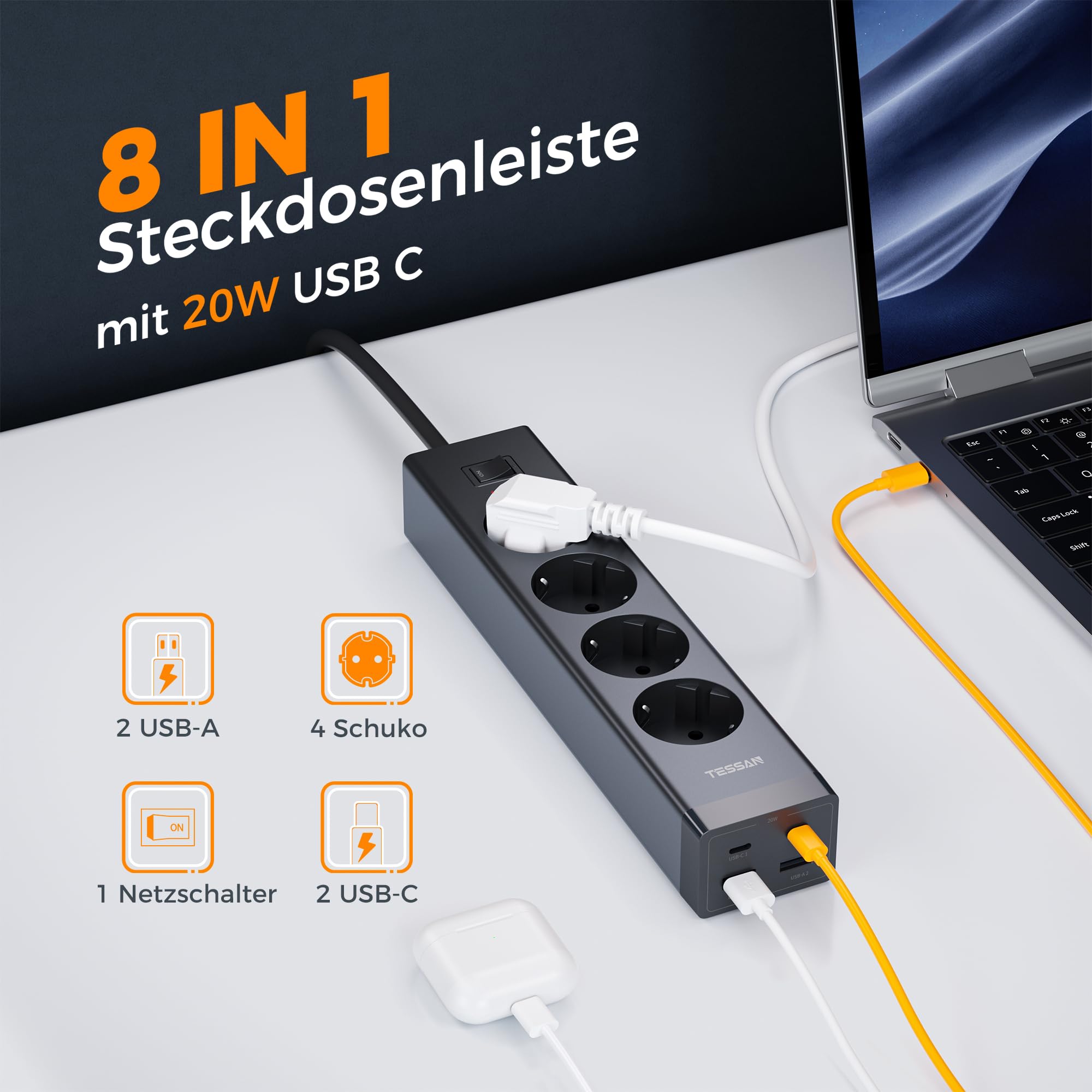 TESSAN 4-drożne gniazdko wielokrotne z przedłużaczem 2 m, czarne | Listwa zasilająca z 2 gniazdami USB C i 2 USB A, wtyczka wielokrotna z przełącznikiem, 3600 W, listwa zasilająca