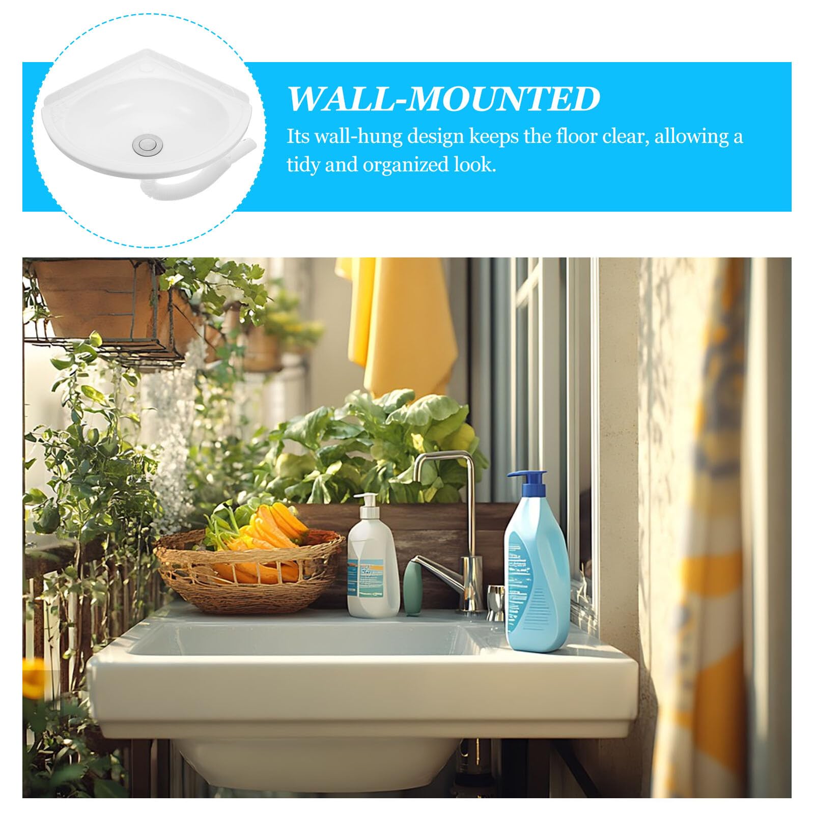 Veemoon Lavabo Pequeño de Esquina Montado Pared Blanco, de Plástico y Acero Inoxidable, Diseño Triangular Moderno para Optimizar Espacios en Baños Pequeños
