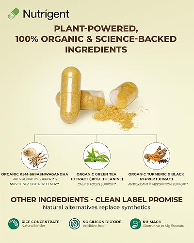 Miniatura 3 de USDA Organic KSM-66 Ashwagandha 600mg con L-teanina orgánica, cúrcuma y pimienta negra, apoya la calma, la concentración, la relajación