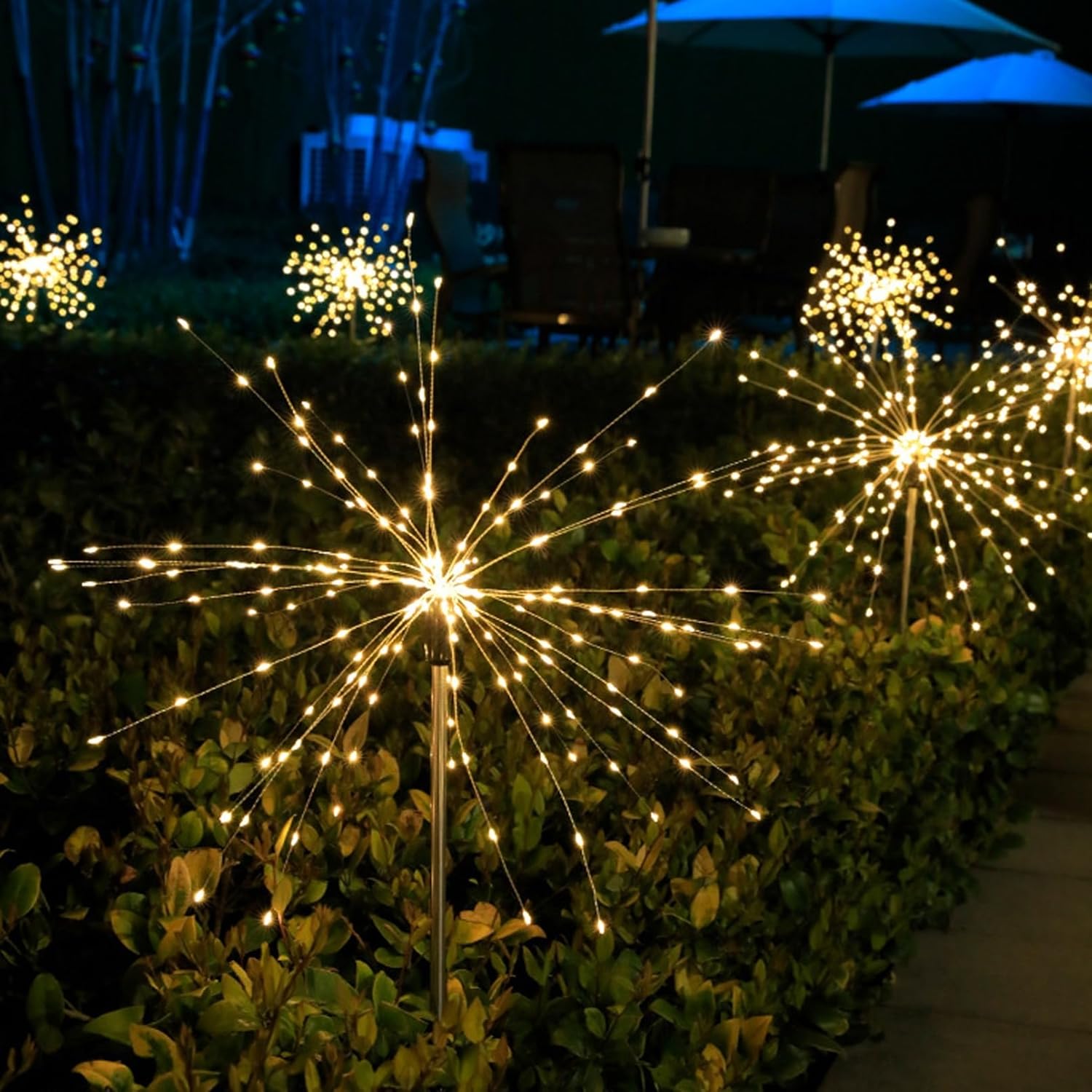 Solar Garden Firework Lights Outdoor Waterproof, 2 Pack 150 LED 8 Lighting Modes Sparklers Solar Twinkling Starburst Lights for Yard Flowerbed Pathway Fence Decorations, Warm White