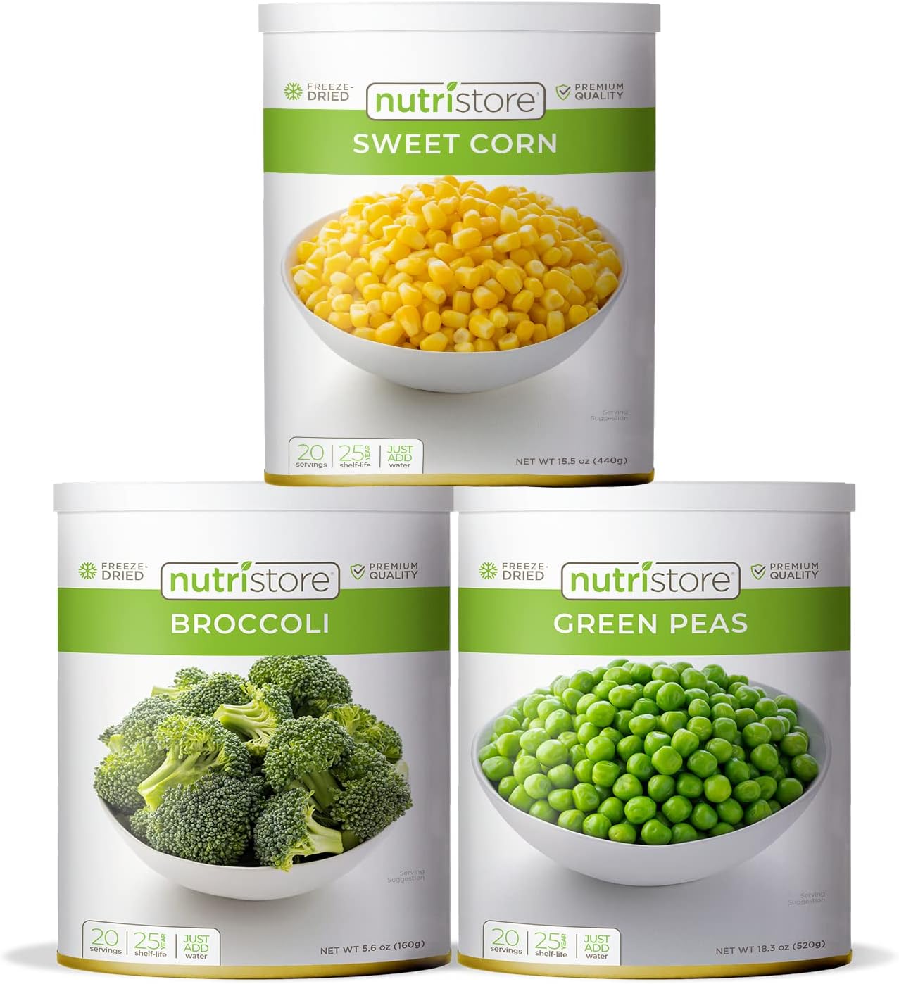 Nutristore Freeze Dried Vegetable Variety 3-Pack | Vegetables for Healthy Snack or Long Term Storage | Emergency Survival Canned Food Supply | Bulk #10 Can Veggies | 25 Year Shelf Life | 20 Servings