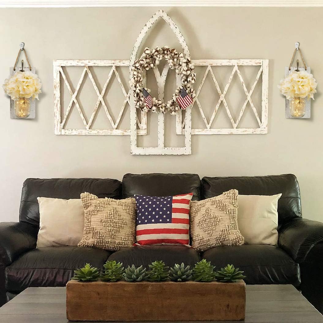 Rustic Wall Sconces Mason Jars Sconces with Remote Control LED Fairy Lights, Farmhouse Decor for Living Room Wall Decor of Bronze Retro Hooks, Silk Hydrangea Design for Home Decoration Set of Two : Home & Kitchen