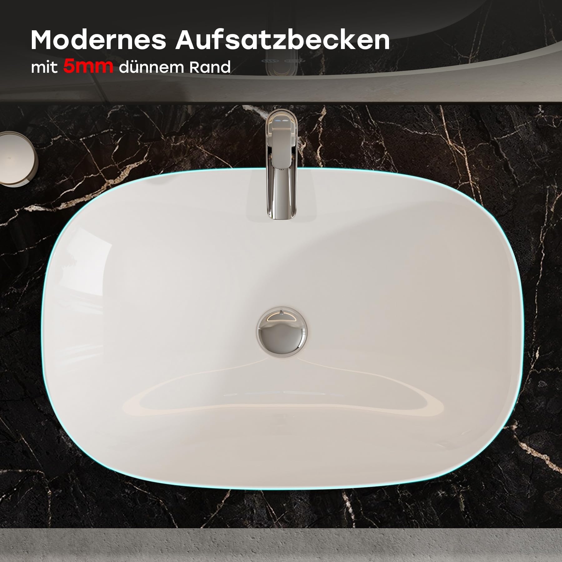 HOROW Aufsatzwaschbecken Modernes Waschbecken | mit Slim-Edge Design für Badezimmer Gäste-WC, dünner Rand, pflegeleichte Oberfläche, Keramik 60x40 cm Weiß