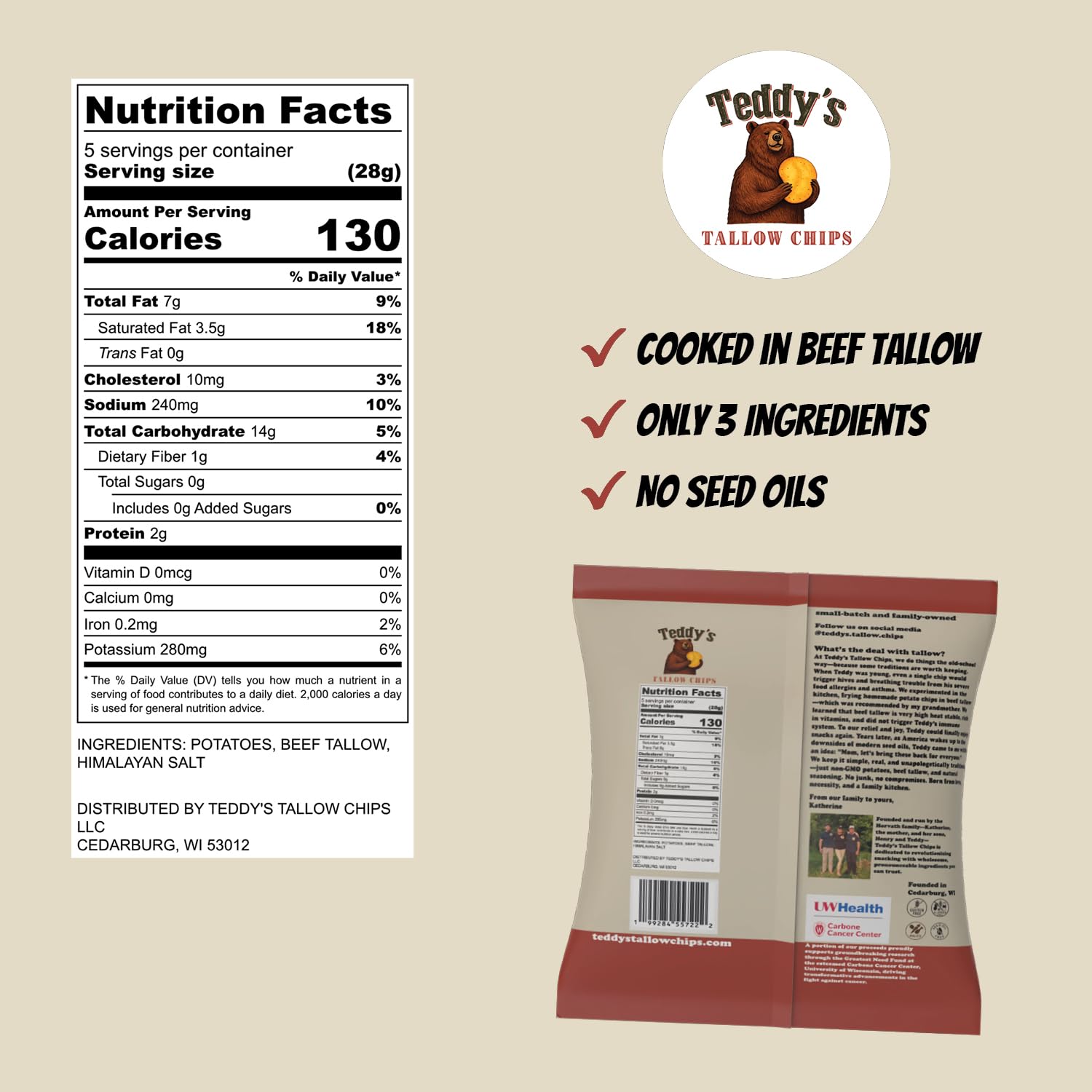 Teddy’s Tallow Chips Himalayan Salt Potato Chips – Cooked In Premium Beef Tallow For Crispy Crunch – Simple Ingredients Snack With Potatoes, Beef Tallow & Pink Himalayan Salt – 5 oz Bags (8 Pack)