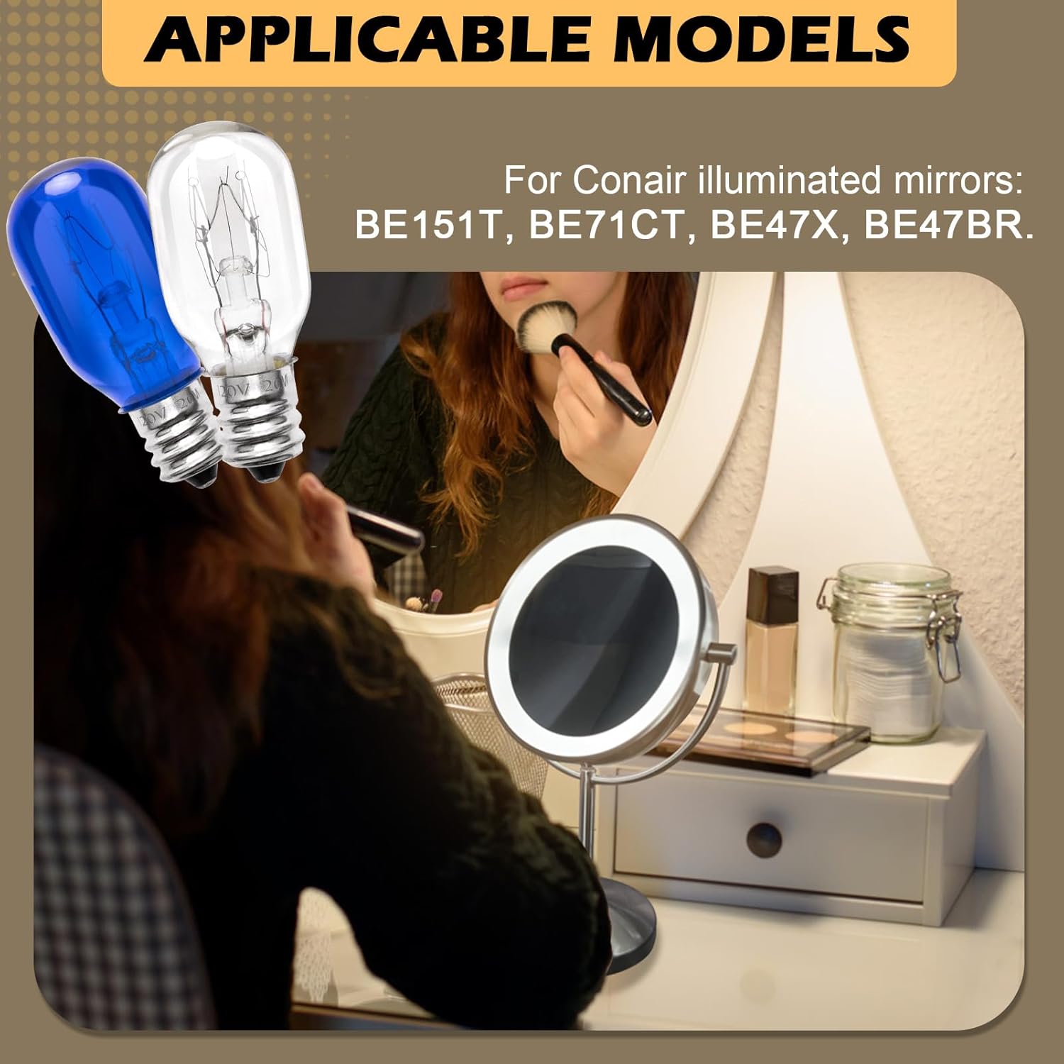 120V Lighting Makeup Mirror Bulb Replacement, E12 Candle Holder Base T20 Bulb, 2 Transparent 2 Blue