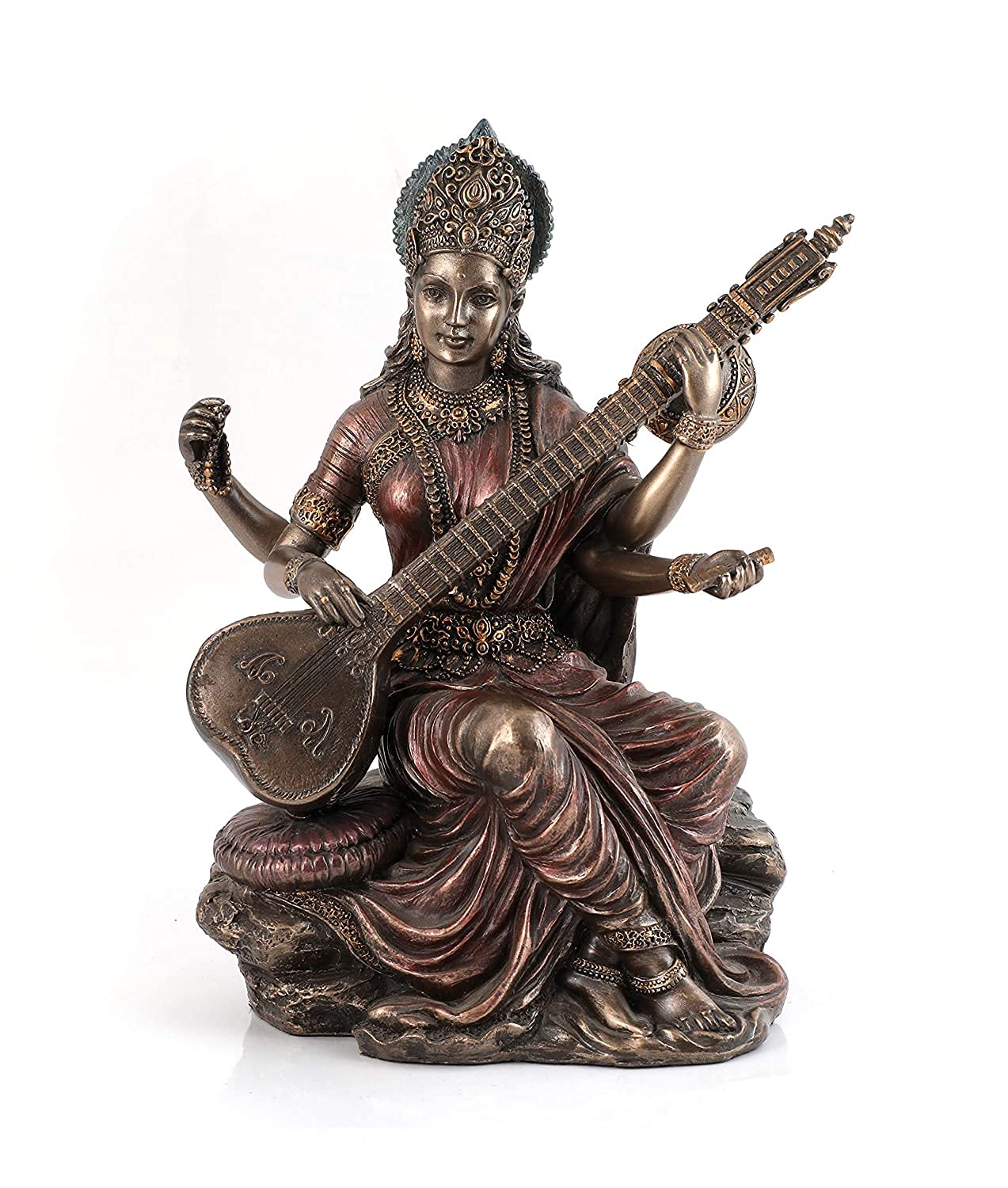 Sri Krishna Culture - Großer sitzender Saraswati spielender Sitar, antikes Finish, Höhe: 15,2 cm, für Heimdekoration