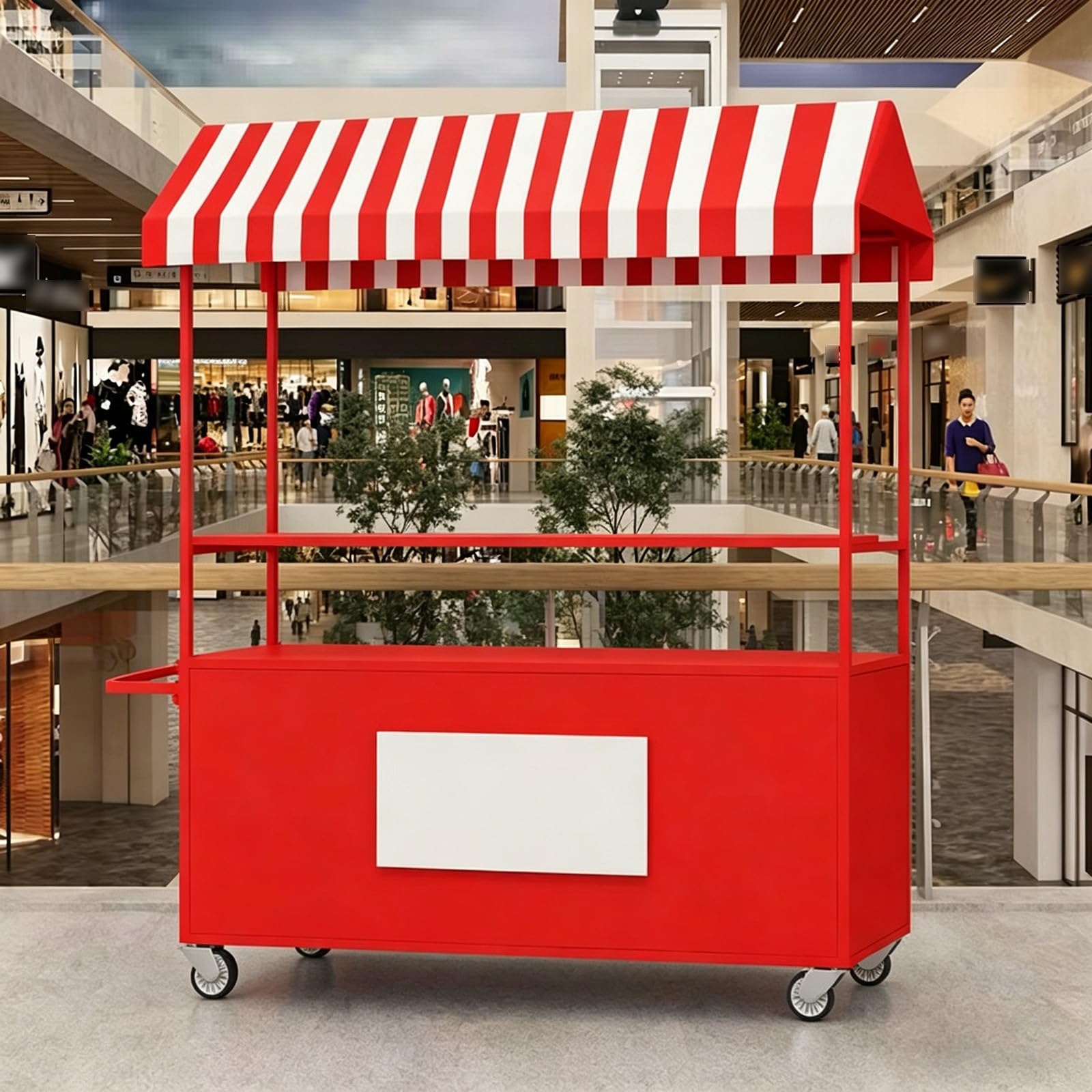 Carrito de Venta Ambulante Exterior con Toldo a Rayas, Carro de Comida con Superficie Segura y Gran Almacenamiento(Red,L 120CM/47.2IN)