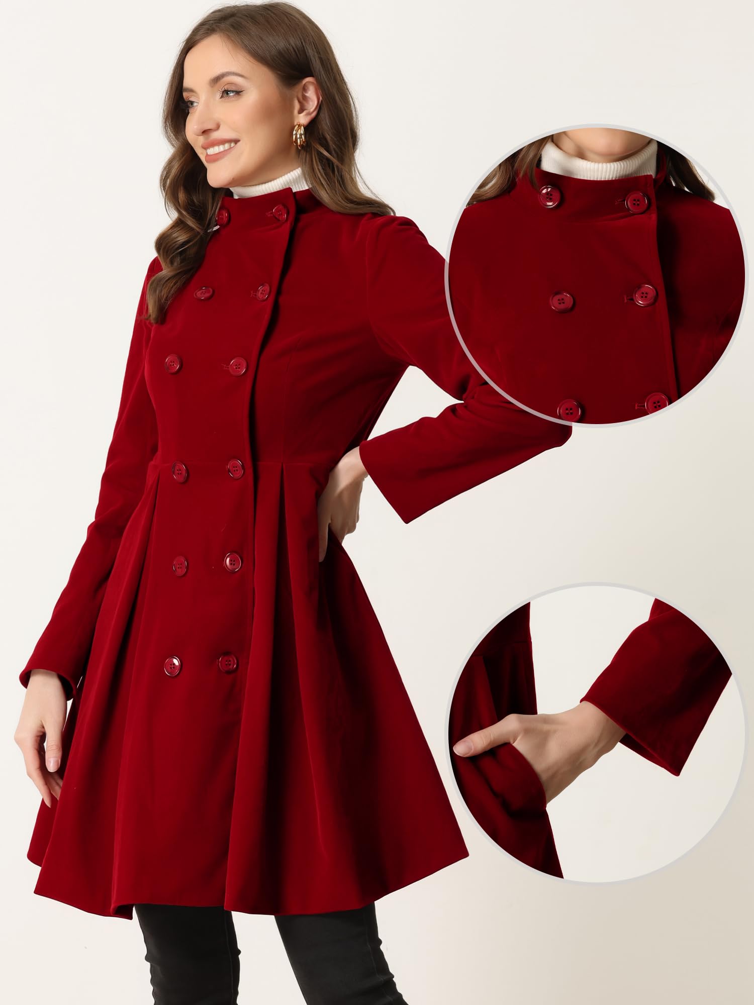 Allegra K Manteau A-Line en Velours pour Femmes Caban Mi-Long d'Hiver Trench-coats à Double Boutonnage