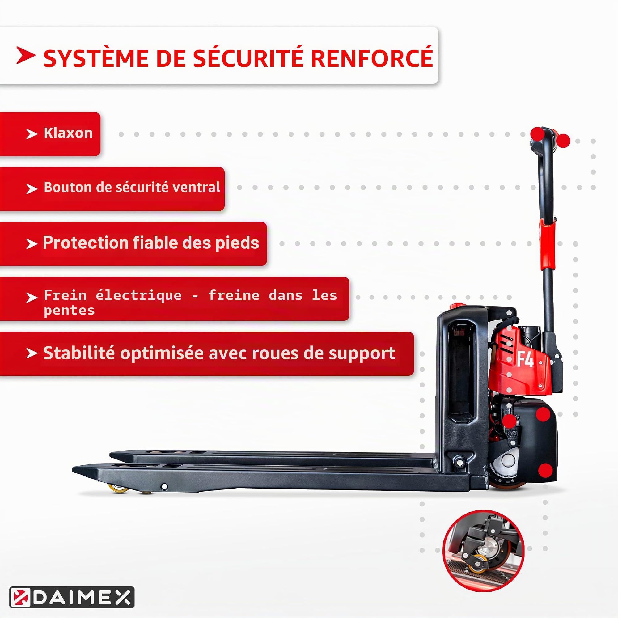 Chariot Élévateur Électrique Daimex | Capacité de Charge 1,500 kg | Longueur de Fourche 1,150 mm | Batterie Lithium-Ion 20 Ah | Volant en Polyuréthane | Rouleaux Tandem | Conçu pour un Usage