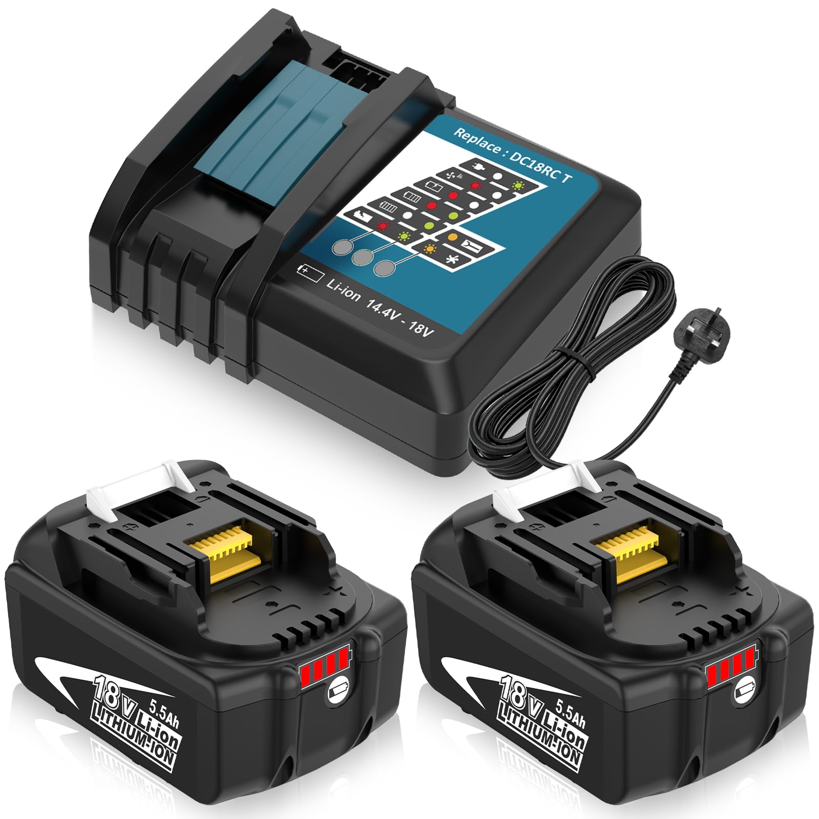 2Packs 18V 5.0Ah Replacement for Makita batteries + 3A DC18RCT Charger