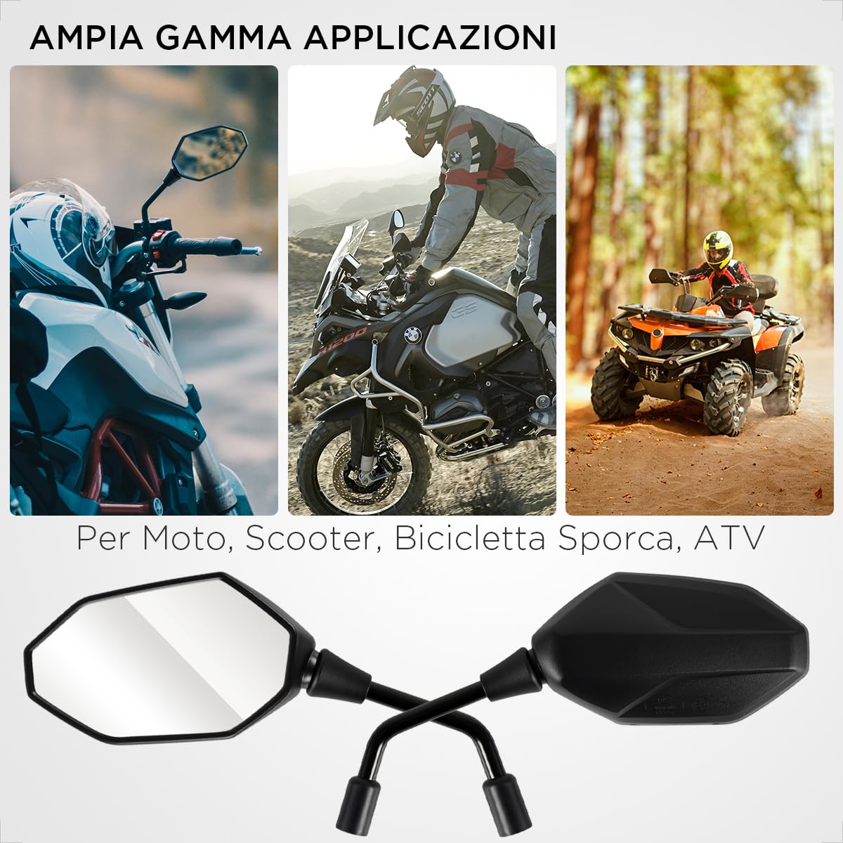Evermotor Specchietti Moto Omologati E4 - Retrovisore Con M8 / M10 Filettato per Manubrio, Scooter, ATV, Moped - 2 Pezzi