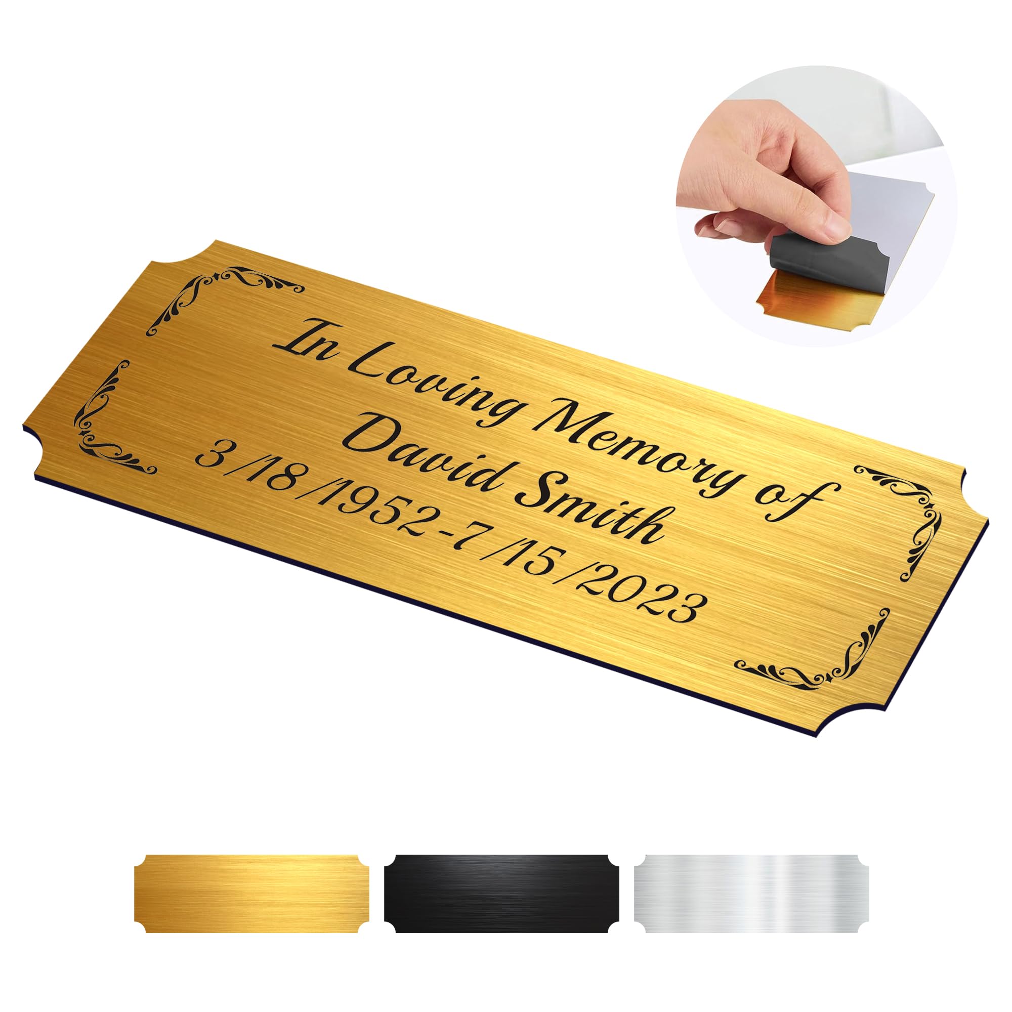 Amazon.com: Engraved Name Plates Personalized Memorial Plaques for Doors Urn  Name Plate Engraved Custom Engraved Metal Plate Name Label Plaques with  Adhesive Backing (Gold, 3x1 in) : Office Products