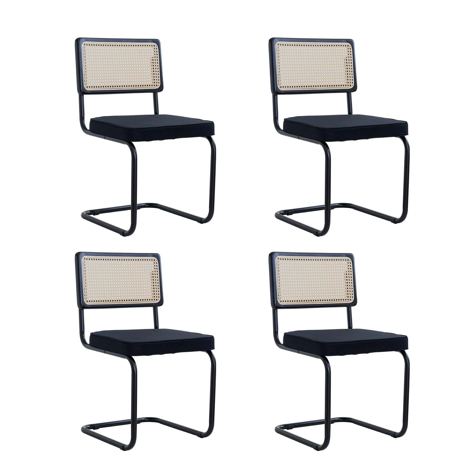 GrandCA HOME Pack de 4 Sillas de Comedor con Respaldo de Caña Natural y Base de Acero Metálico, Sillas de Cocina Tapizadas de Ratán,Negro-1