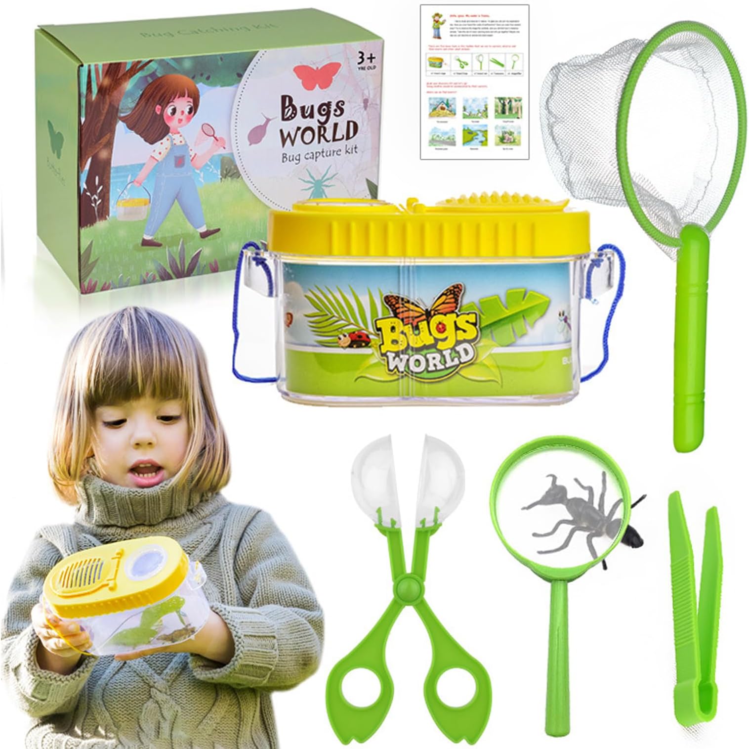Bug Catcher for Kids,Outdoor Explorer Kit 5Pcs Bug Hunting Kits for Children Insect Observation Box Insect Net Scissors Tweezer Magnifying Glass