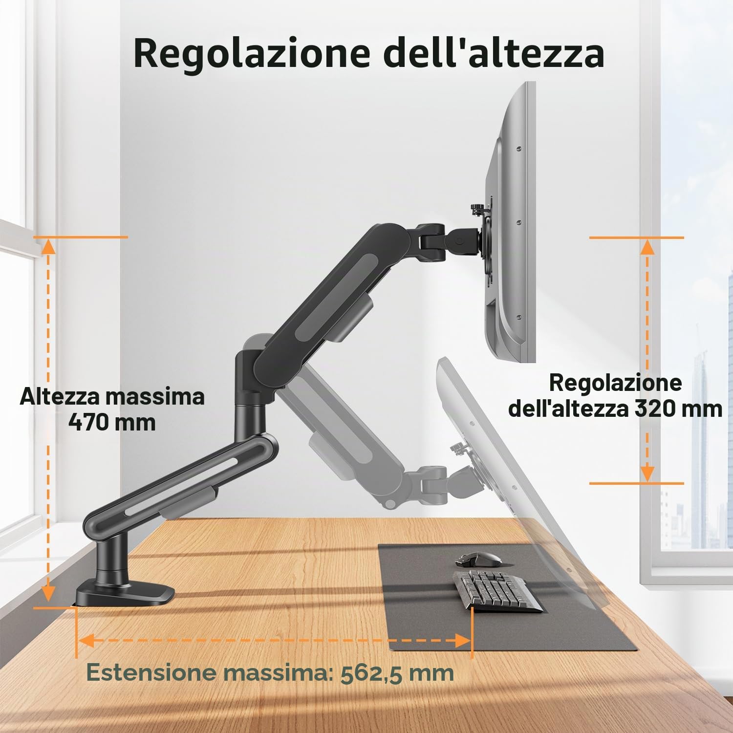 ELIVED Supporto da scrivania per monitor singolo per schermi da 13-34", supporta max 12 kg, inclinabile e girevole, braccio regolabile in altezza con molla a gas, VESA 75 e 100 mm, morsetto a C e base