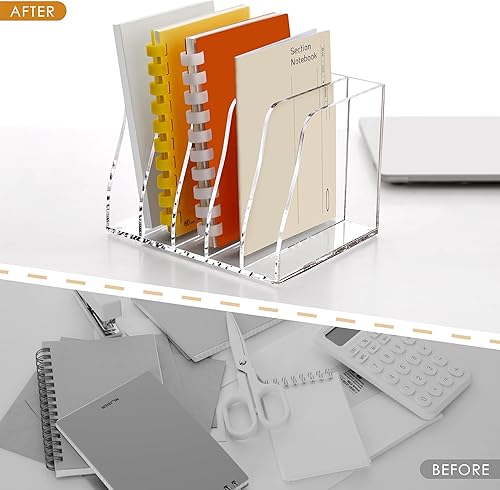 Miniatura 7 de SANRUI Organizador de archivos de escritorio de acrílico, 5 compartimentos verticales, soporte transparente para archivadores, clasificadores de