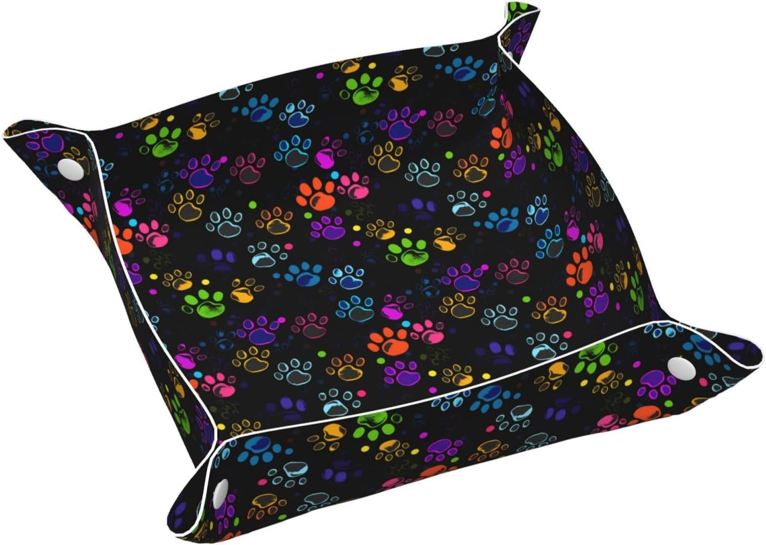 Funny Dog Paw Print Faux Leather Jewelry Catchall Tray Trinket Dish, Rainbow Black Valet Tray Portable Desk Storage for Keys Wallet Watch-7.9X7.9 In