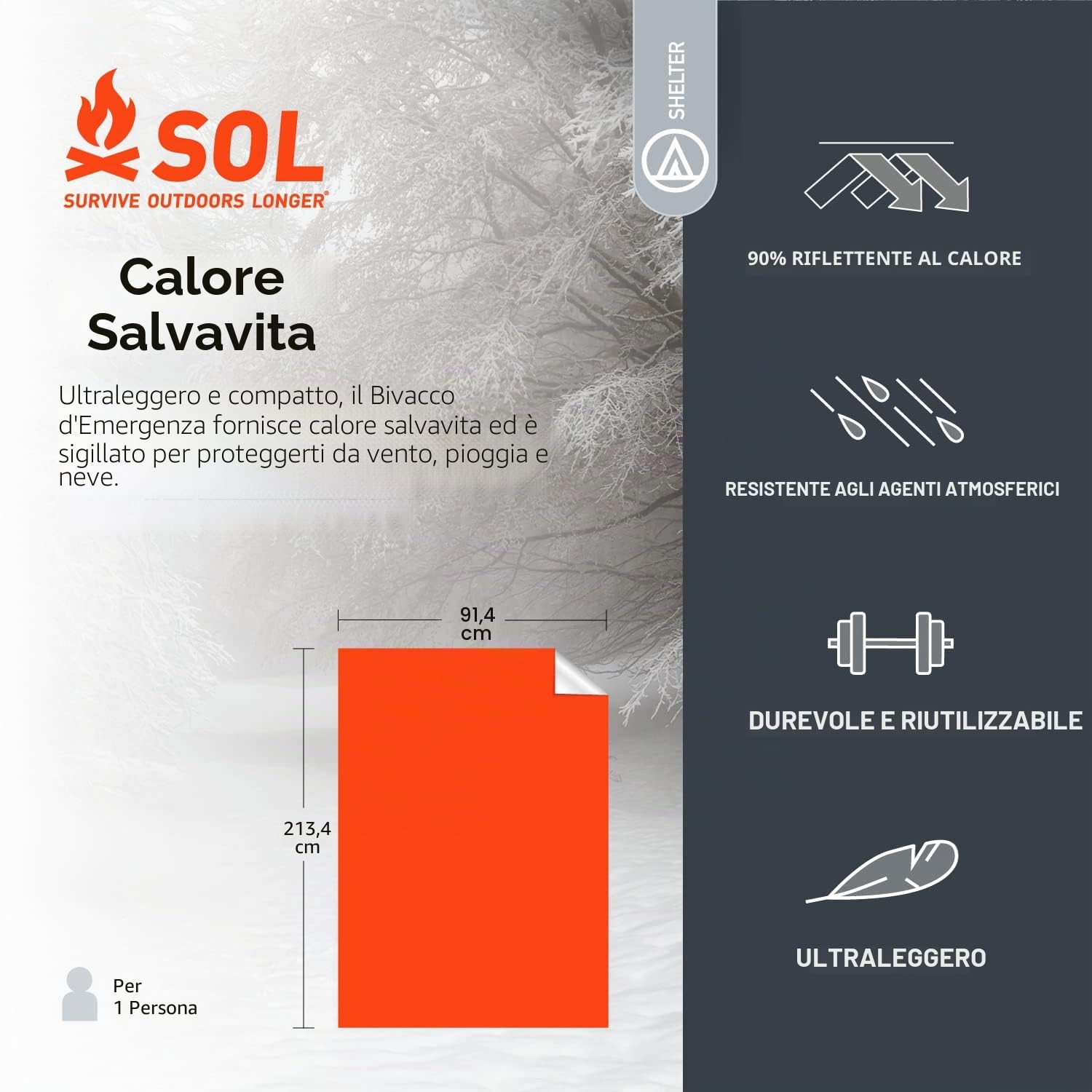 S.O.L. Sopravvivenza Outdoors Longer S.O.L. 90% Reflective Ultra-Lightweight Emergency Bivvy, Colori multipli