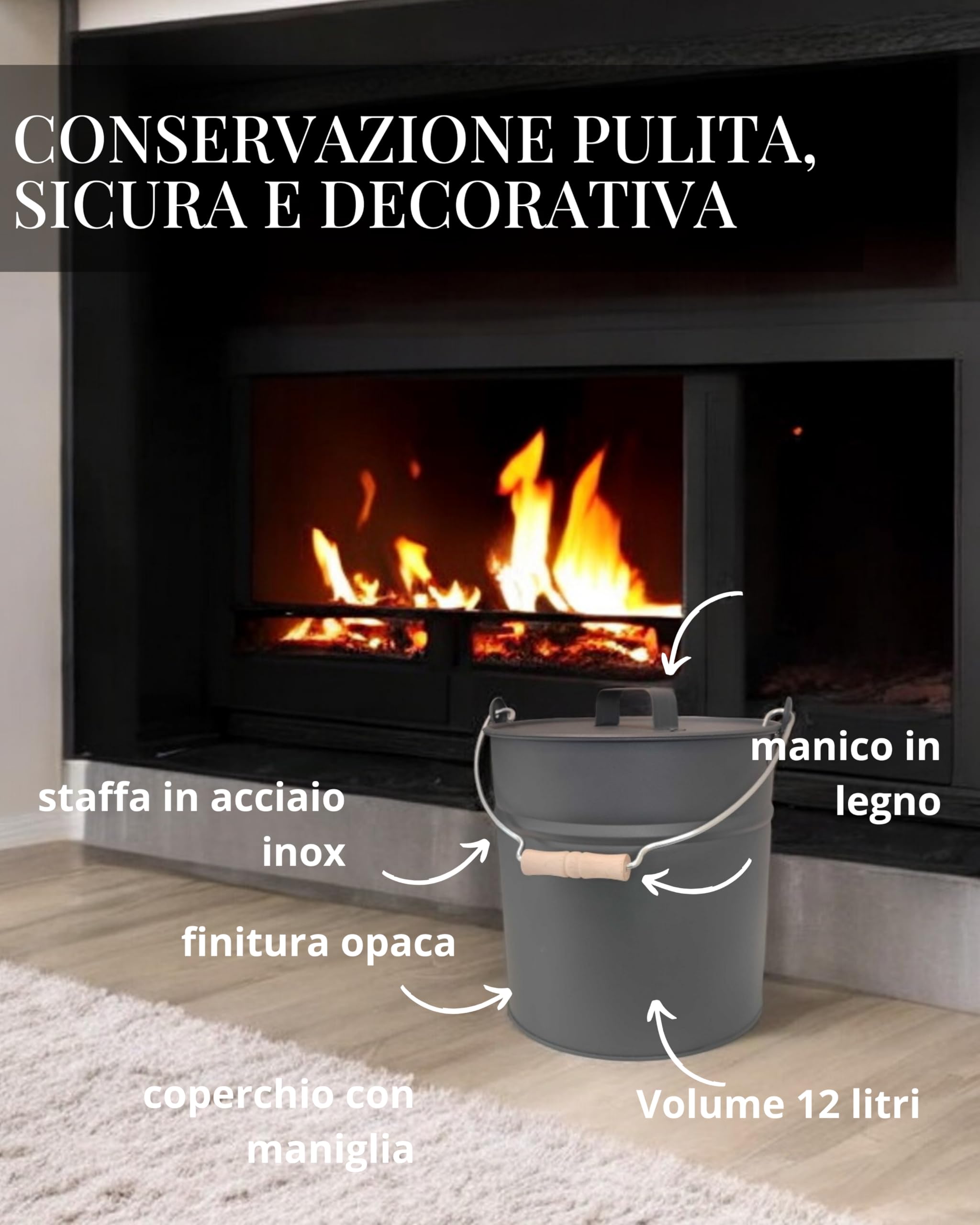 LIVLIG Secchio con coperchio, 12 l, secchio di zinco, secchio per cenere con coperchio, secchio in metallo, accessori per camino, secchio in lamiera, antracite