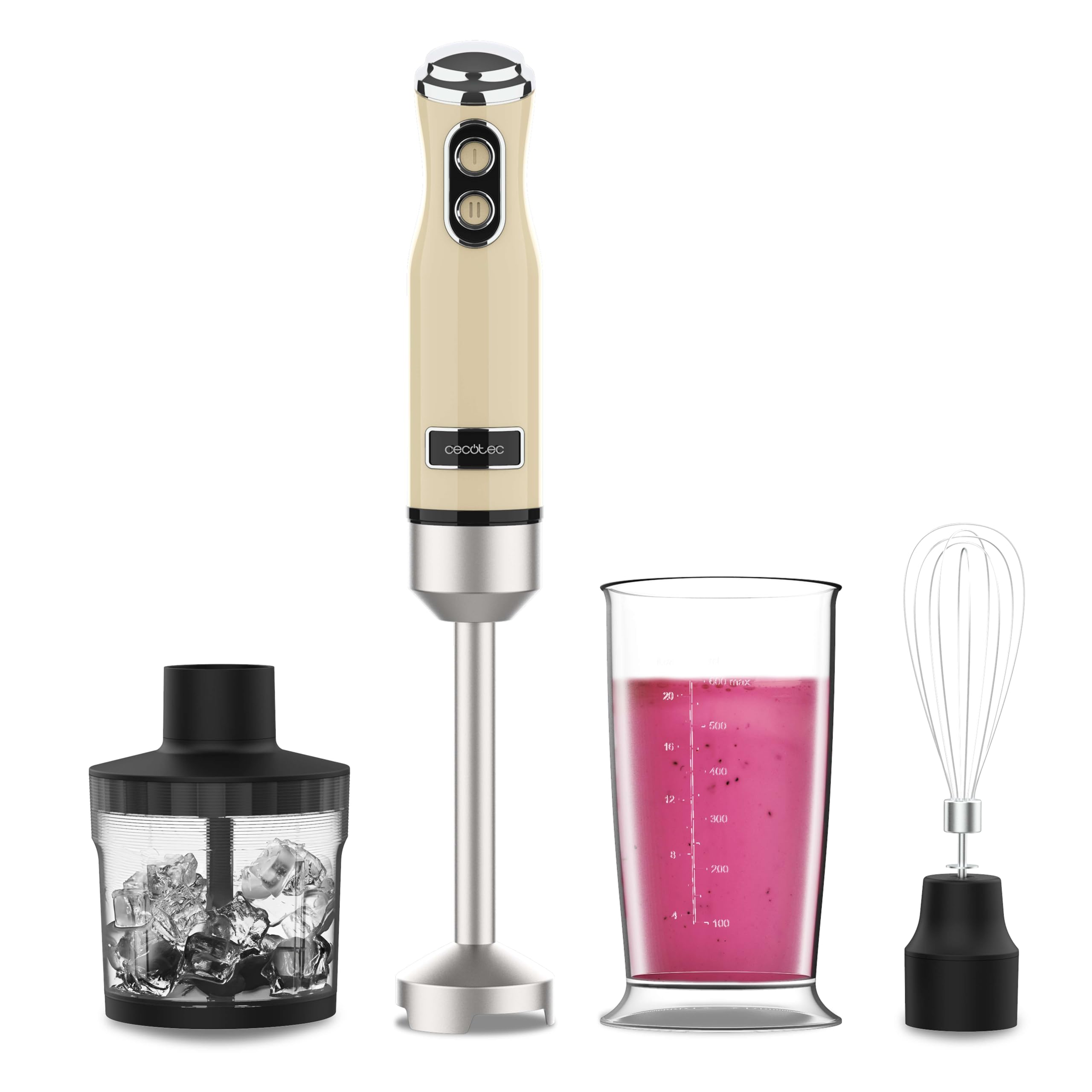 Cecotec Batidora de Mano Power RetroYellow 1200MAX Cream&Crush. Potencia Máxima 1200 W, TecnologÃa CrossBlades, 2 Velocidades, Set Accesorios aptos Lavavajillas, Campana antisalpicaduras