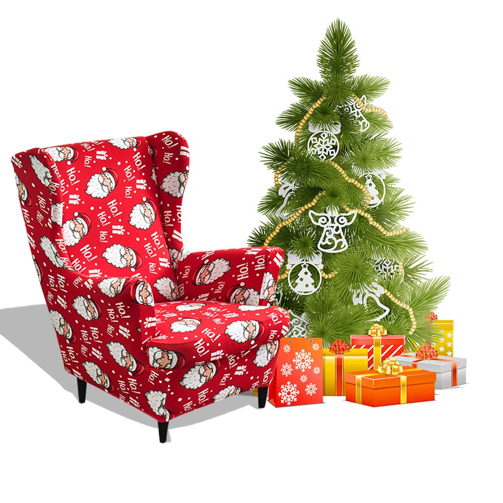 Highdi Santa Claus 2 Piece Stretch Wingback Chair Covers Red Christmas Printed Wing Chair Slipcover Armchairs Covers Sofa Slipcover Spandex Living Room Bedroom Furniture Protector (Santa Claus)