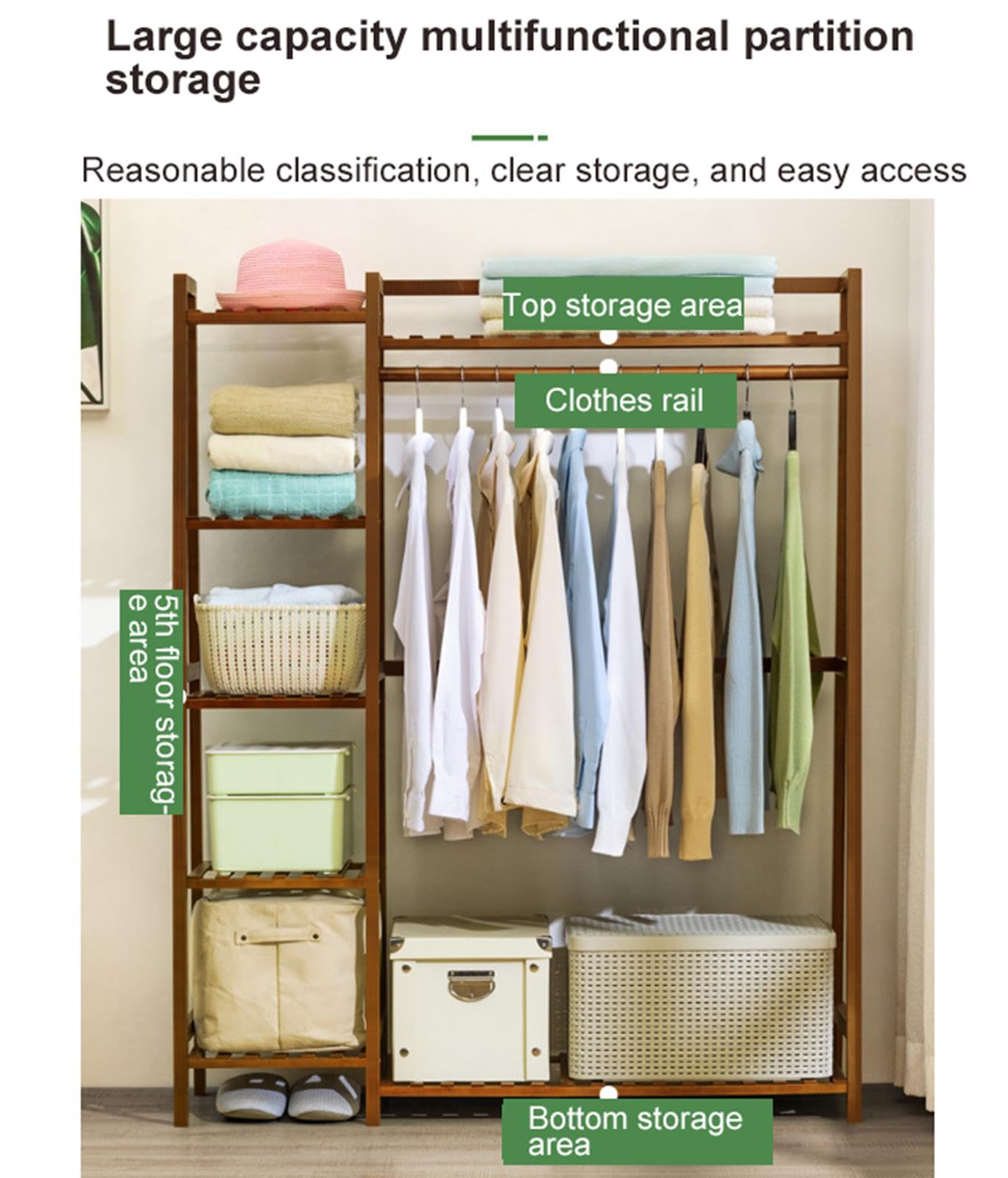 5-poziomowy bambusowy wieszak na ubrania z miejscem na buty, wolnostojący organizer do szafy z wiszącymi drążkami, idealny do sypialni i szatni, B-130 cm, trwały i stylowy