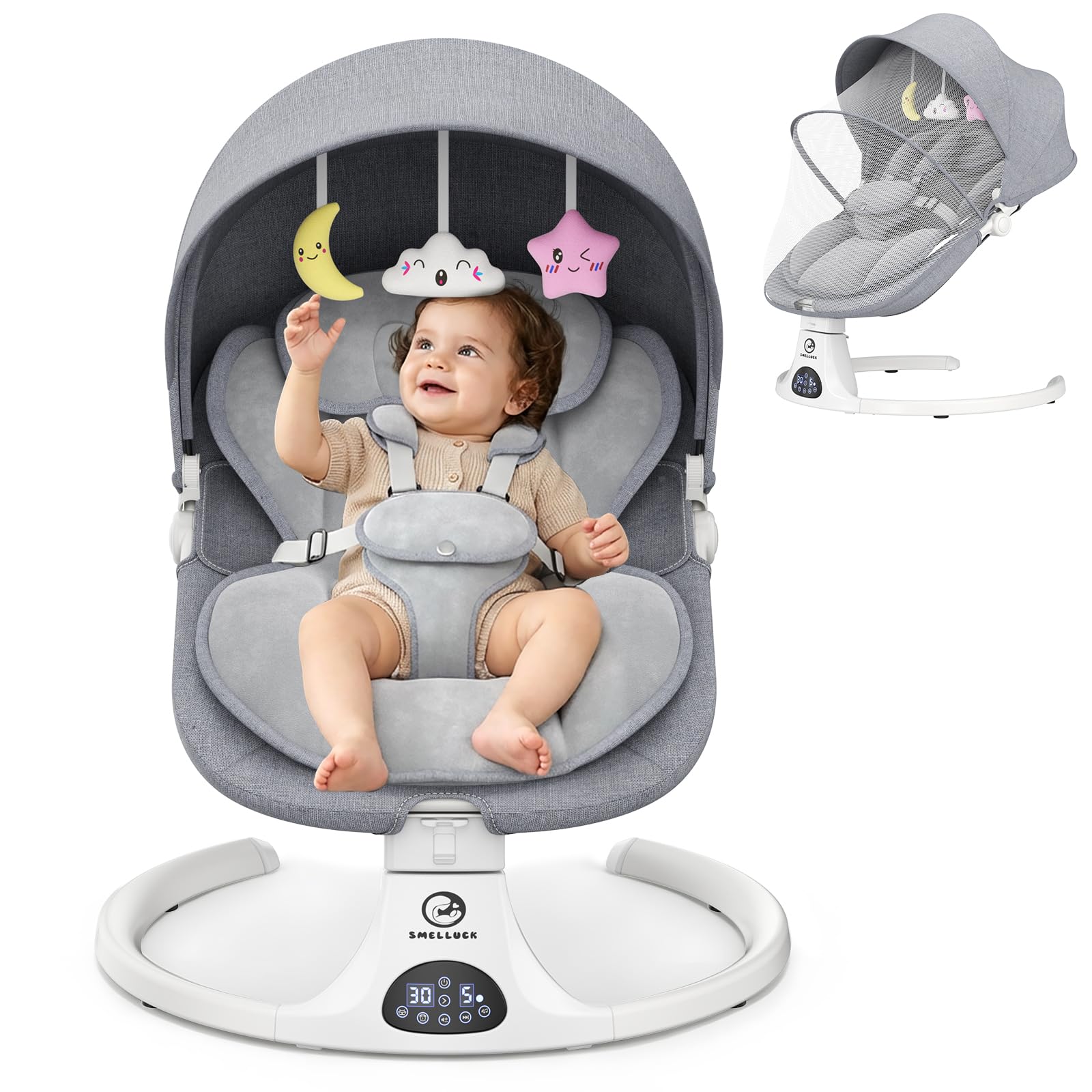 Balancelle Bébé Électrique avec Dossier Réglable sur 3 Positions | 5 vitesses, 12 mélodies apaisantes, minuterie 8/15/30 min, télécommande, coussin amovible, 3 alimentations