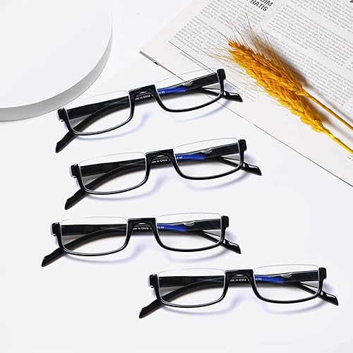 Vista 17 de Henotin 4 pares de anteojos de lectura para mujeres y hombres, lectores, marco de media luna, bloqueo de luz azul, lentes con bisagra de resorte
