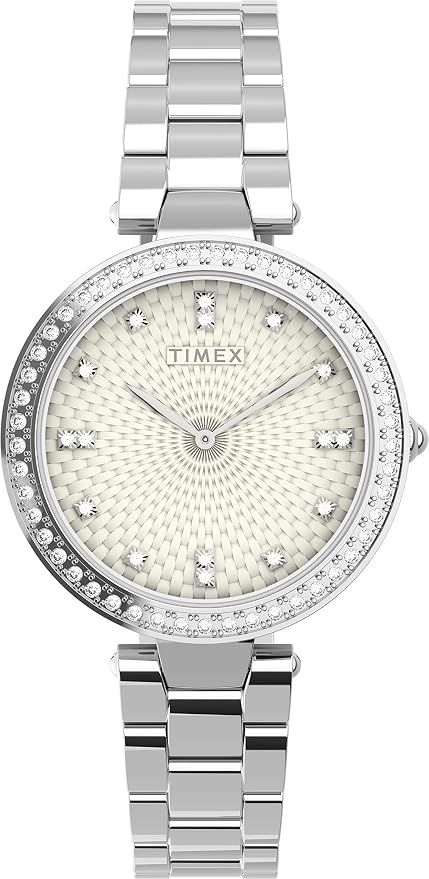 TIMEX Trend Quartz Analog Watch for Women with Silver-Tone Low Lead Brass Bracelet & Round Case - Top Ring with Mineral Glass Lens, 50m Water Resistant - Womens Premium Watch