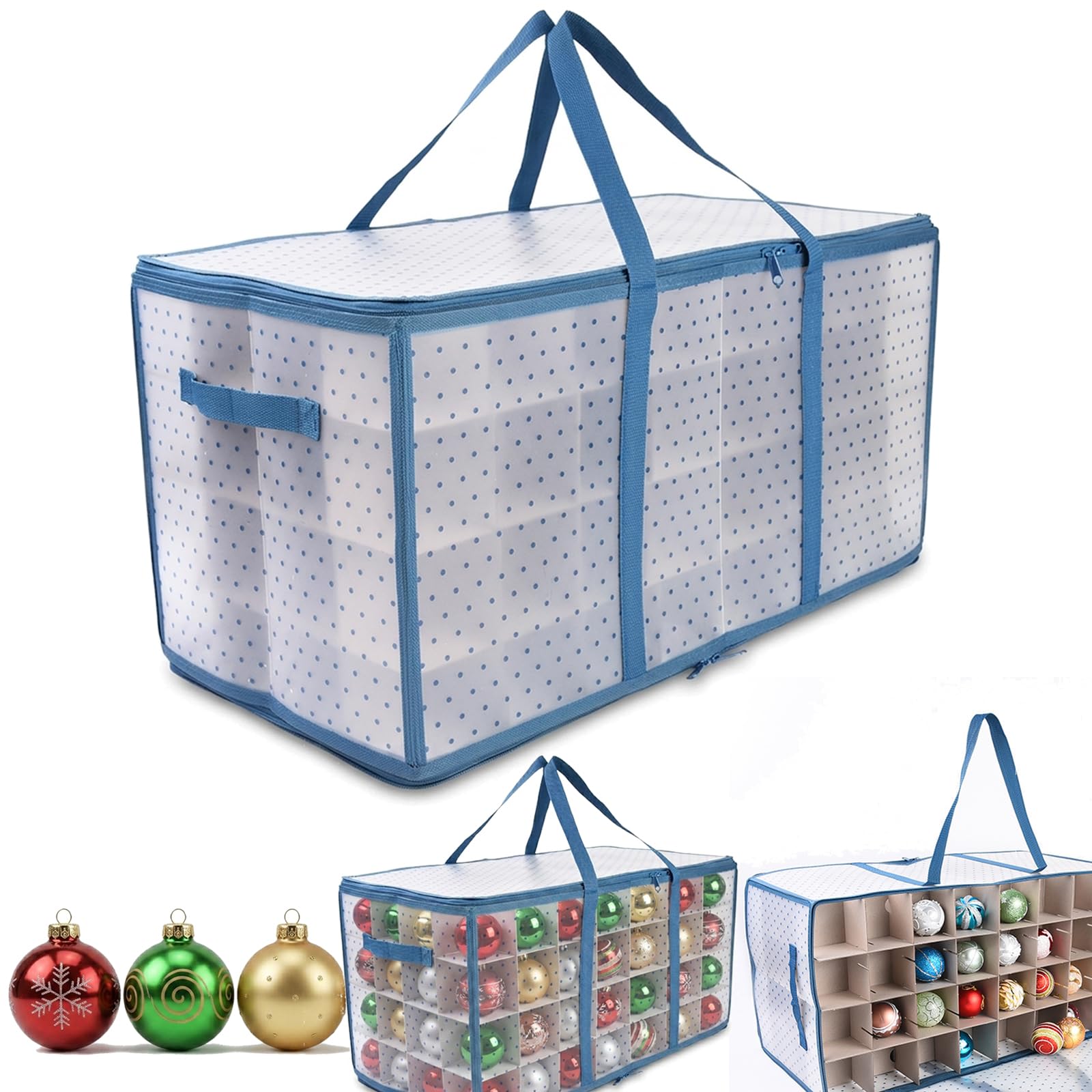 Aufbewahrungsbox für Weihnachtskugeln, Weihnachtskugeln Aufbewahrung Große Box mit Reißverschluss und Deckel, 128 Fächer für 8-10cm Christbaumkugeln Wasserdichte Kunststoftasche mit Griffen