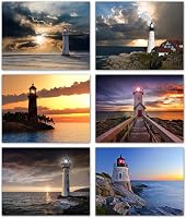 Small World Greetings Lighthouse Sunset Notecards - 12 Blank A2 Cards with Envelopes | Coastal Nature Stationery for Thank You, Birthday, Sympathy