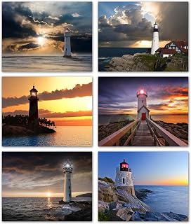 Small World Greetings Lighthouse Sunset Notecards - 12 Blank A2 Cards with Envelopes | Coastal Nature Stationery for Thank You, Birthday, Sympathy