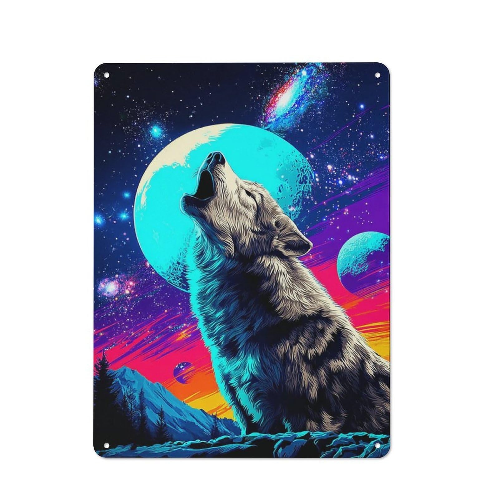 Junmoney Galactic Wolf Howling At Moon Metal Wall Sign 40X30cm Featuring For Café Or Restaurant, A Decorative Metal Sign For Cafés And Restaurants
