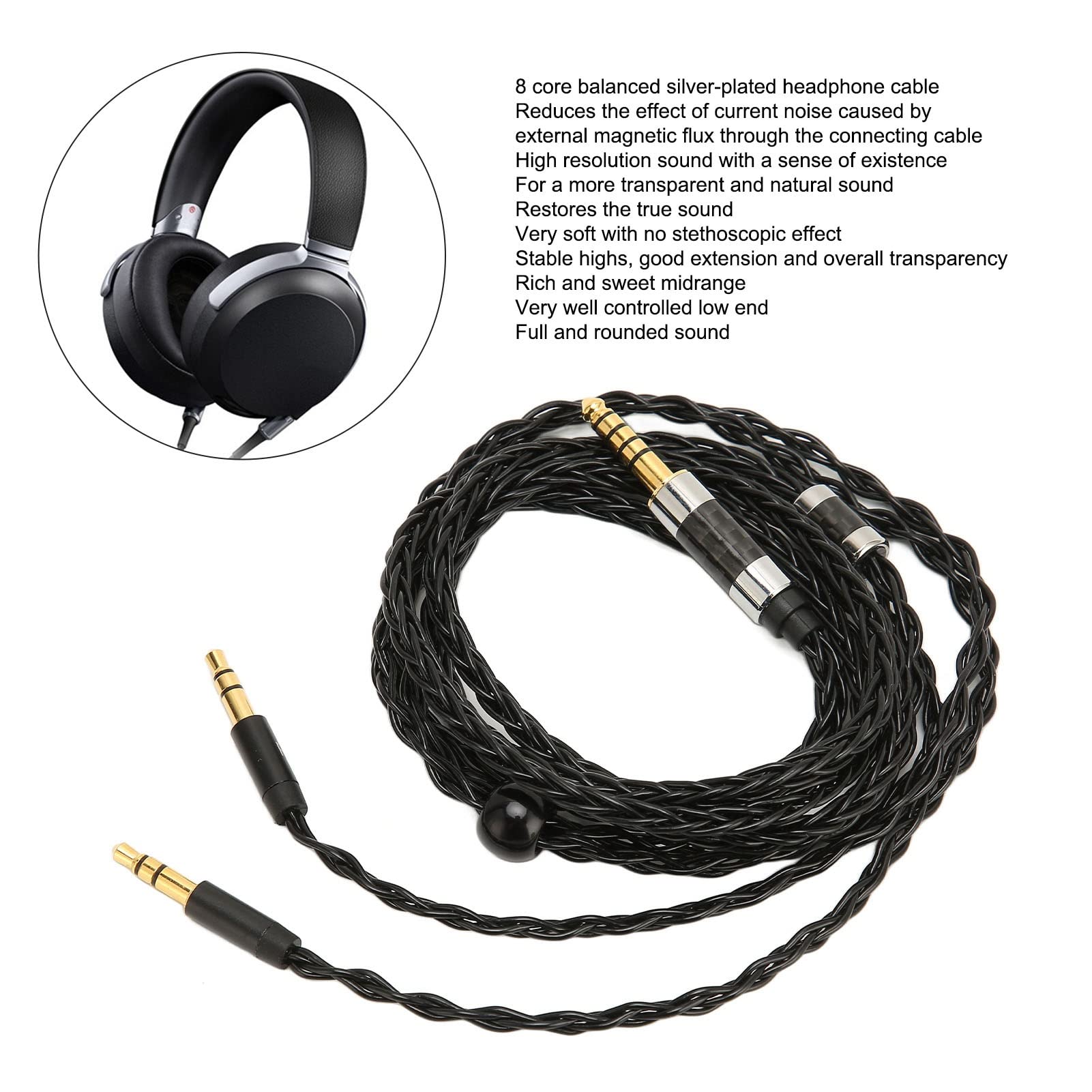 Cable de Audio para Auriculares, 8 Núcleos Equilibrados de 4,4 Mm a Doble Cable de Audio Auxiliar Chapado en Plata de 3,5 Mm para MDR Z7 Z1R, para Teloon D7100 D7200 D600 D9200, para Beyerdynamic T1 T