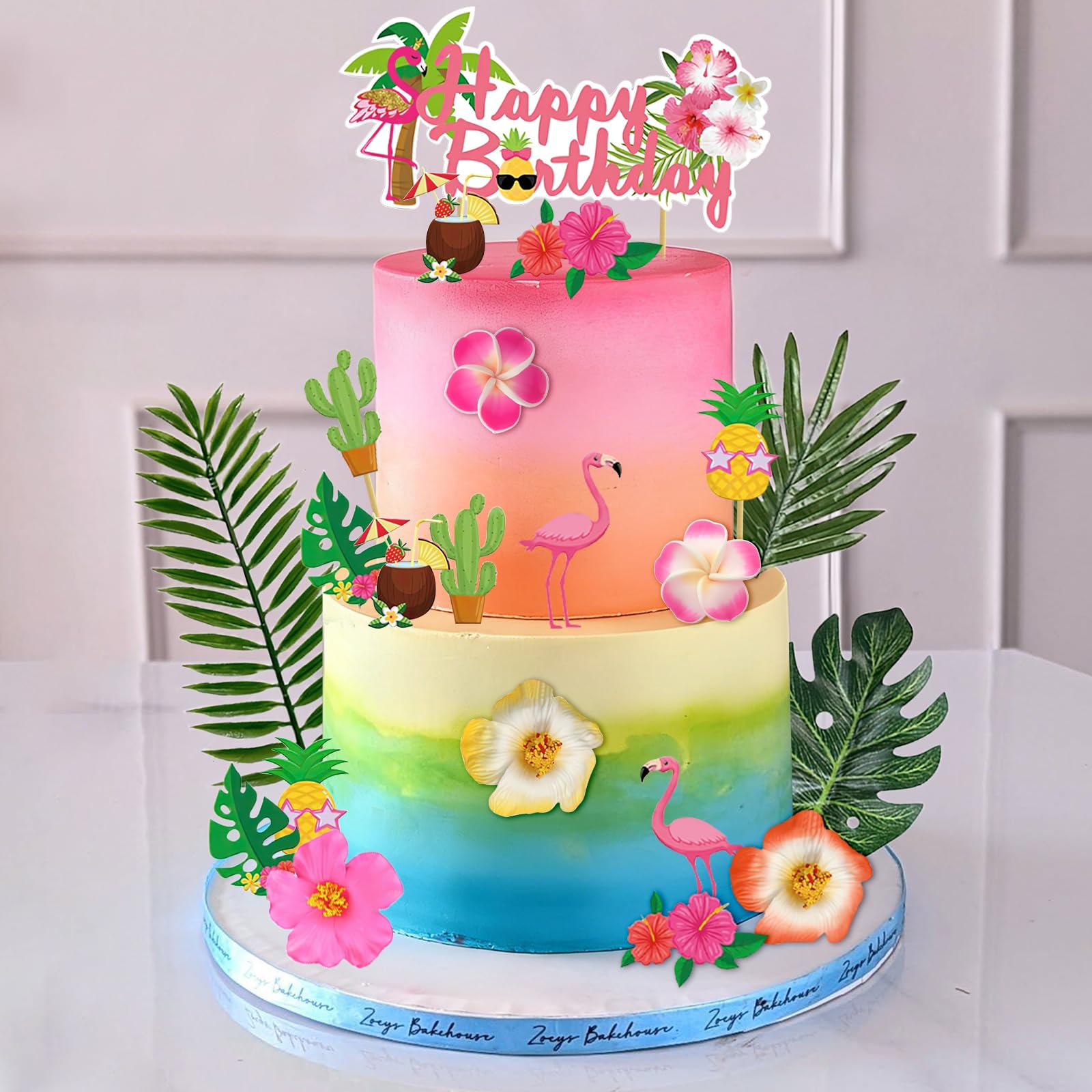 Hawaiano Cake Topper, Topper Tartas Hawaiana, Decoración de Pastel Tropical, Decoracion Tartas Cumpleaños, con Flamencos, Flores, Palmeras, para Cumpleaños, Playa de Verano, Hawaianas