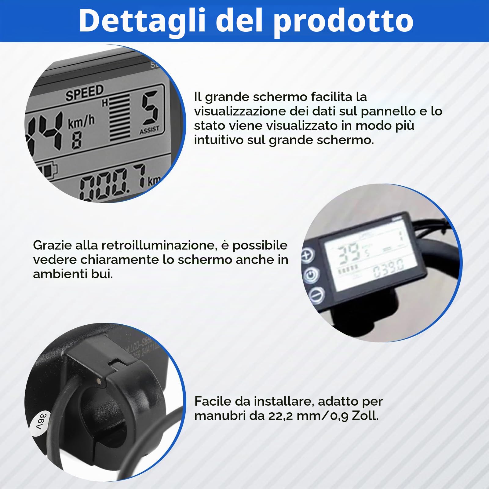 Display, Display LCD per Bici da Scooter Elettrico a 5 Pin 24/36 / 48V per Manubrio da 0,9 Pollici