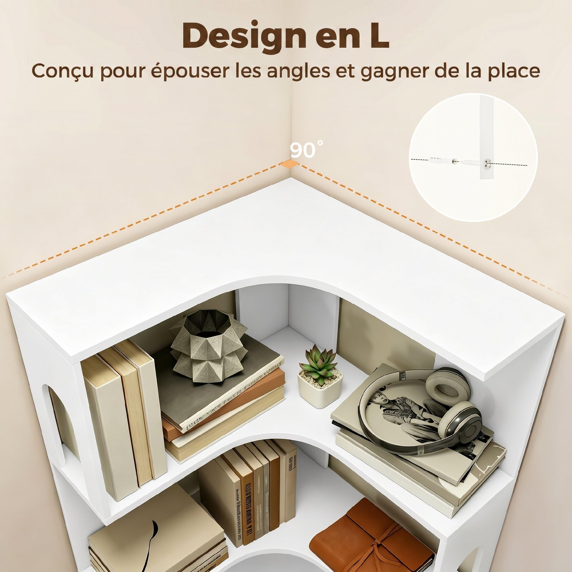 HOMCOM Bibliothèque d'angle, étagère de Rangement à 6 Niveaux avec Panneaux latéraux arqués, Style Moderne, Meuble de Rangement pour Bureau, Salon, Chambre, 60 x 60 x 165,5 cm, Blanc