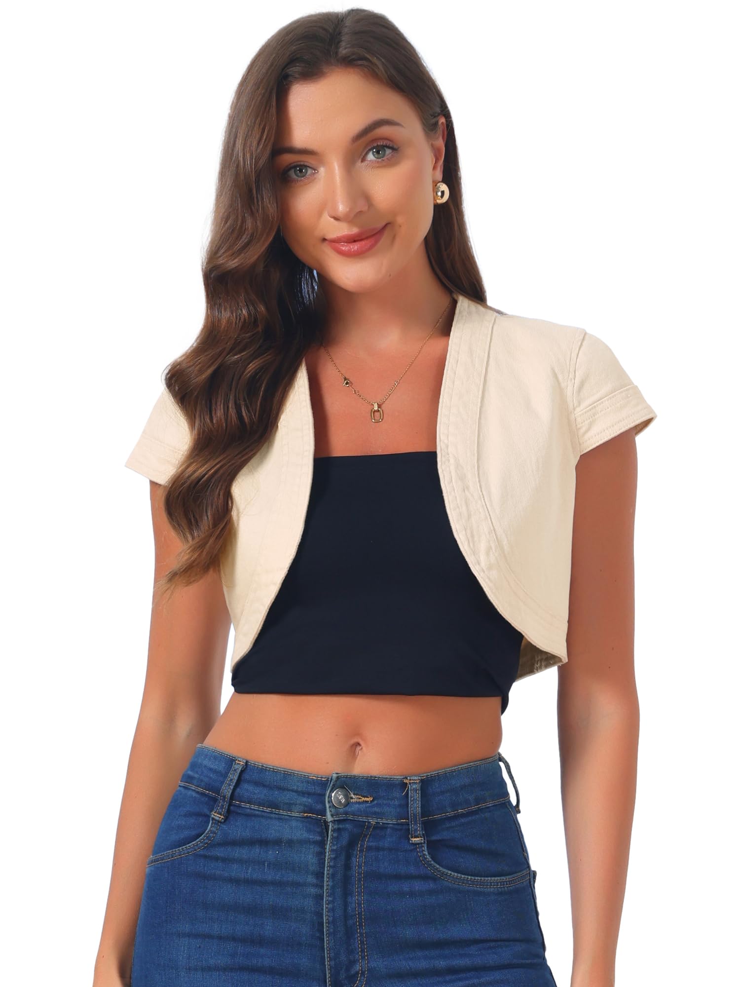 Allegra K Women's Cap Sleeve Cropped Denim Jacket