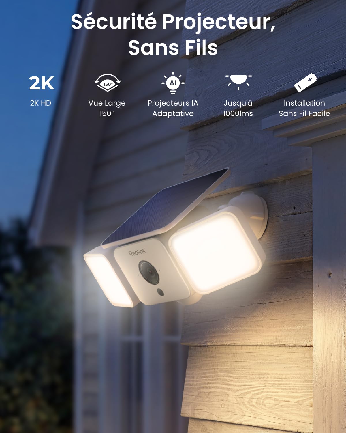Reolink 2K Caméra Solaire Projecteur 150°, 1000LM, Solar Floodlight Cam | Alarme Sirène, Détection AI/PIR, Vision Nocturne Couleur, Wi-Fi 6 Bi-Bande, IP66 Étanche, SolarEase Panneau Solaire Intégré