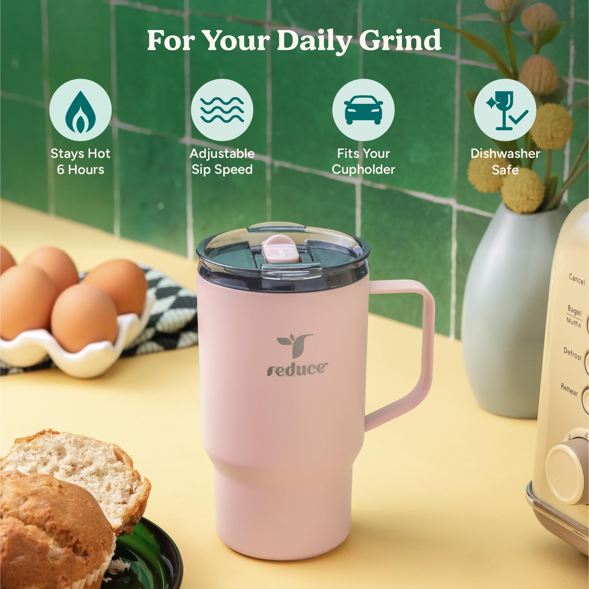 REDUCE Hot1 Hot1 Thermobecher aus Edelstahl mit temperaturregulierendem Deckel, doppelwandig, vakuumgeeignet, für Becherhalter, hält Getränke 6 Stunden heiß, ideal für Kaffee, Tee und andere