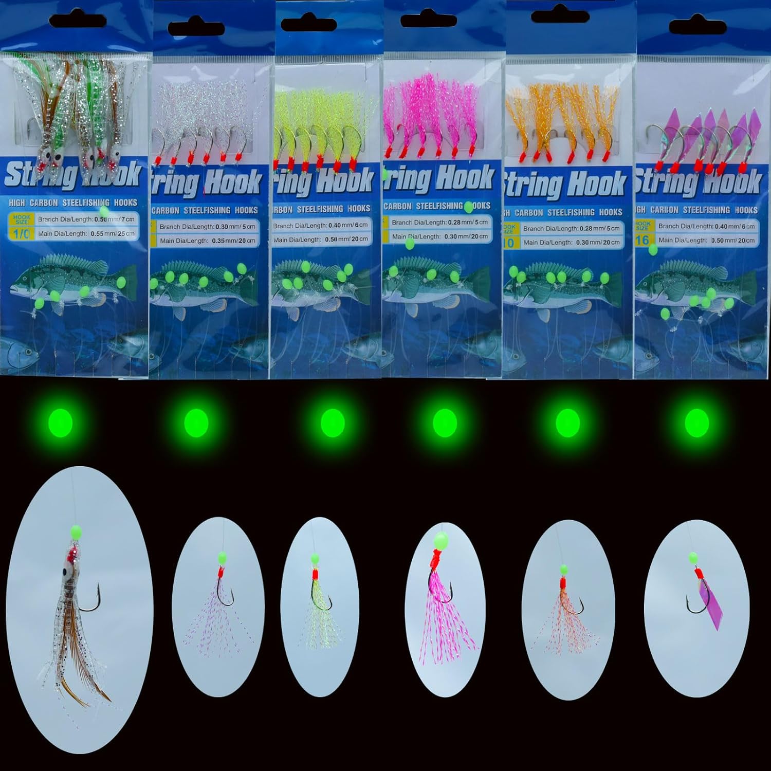 22pack Hairtail/Ribbon/Cutlass Fish Luminous Lure Hook Bait, Sabiki Rigs Saltwater Size 8# 10# 12# 16# 6 Hooks Orange Red White Yellow Feather，Fihsing Bait Rig Flasher Lures Skin,