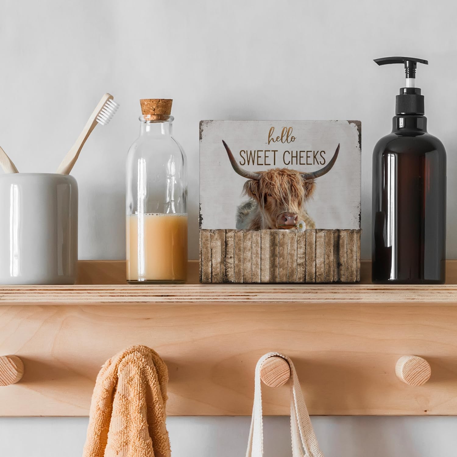 Hello Sweet Cheeks Bathroom Sign - Highland Cow Wooden Box Sign, Funny Bathroom Decor for Shelf, 5x5 Inch - Image 2